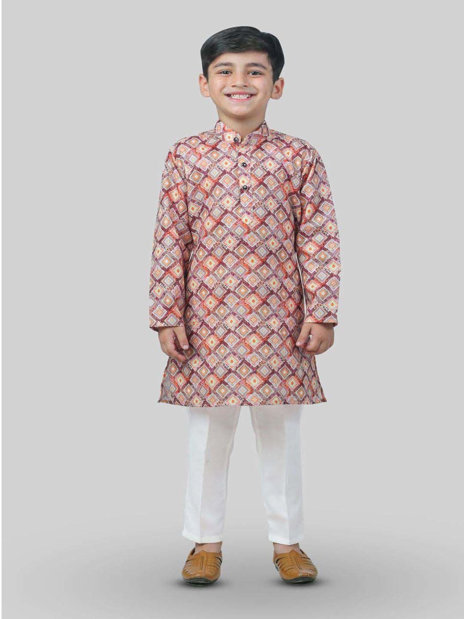Ahhaaaa Kids Pink & White Cotton Handloom Full Sleeves Kurta Set