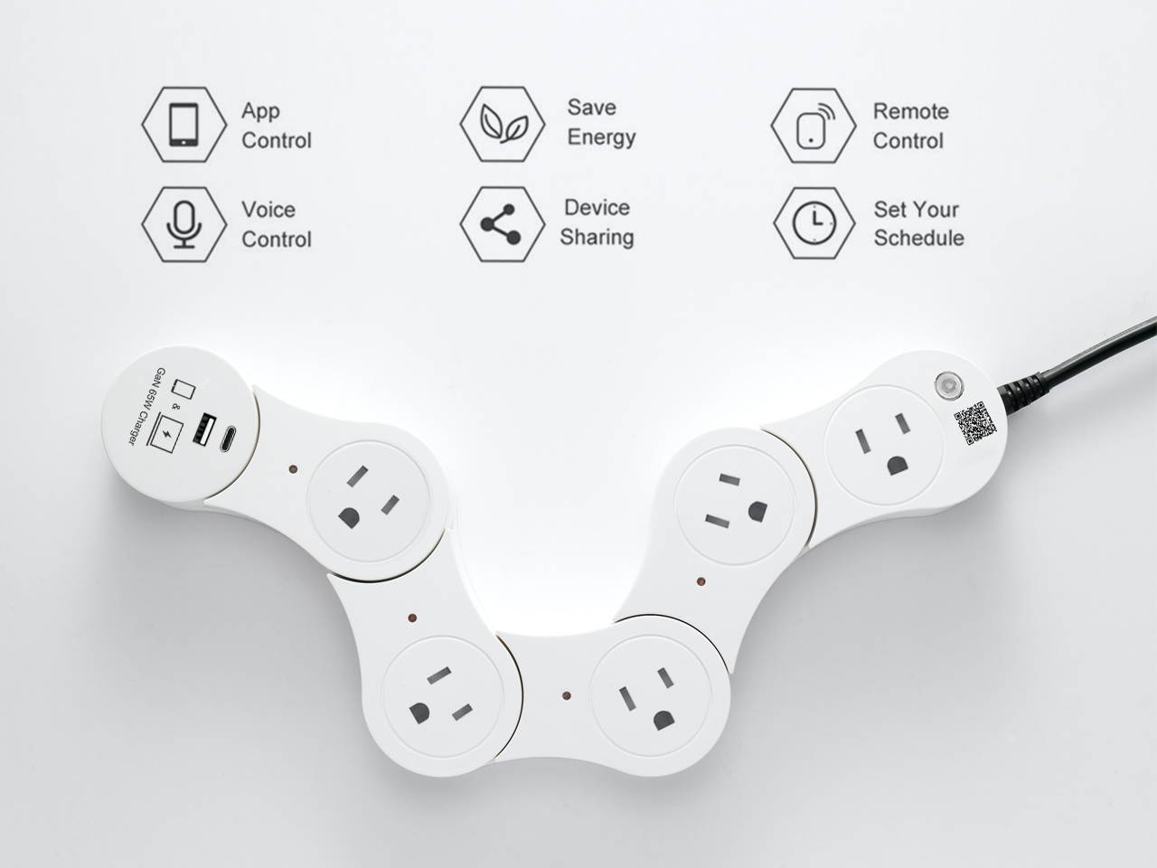 EDO Pivot Power Smart Outlet Smart Power Strip With Five Smart Sockets Work with Amazon Alexa&nbsp;/ Echo/ Dot / Tap, Smart Power Strip No Hub Required,with 65W GaN Charger Fast Charging Module for Macbook