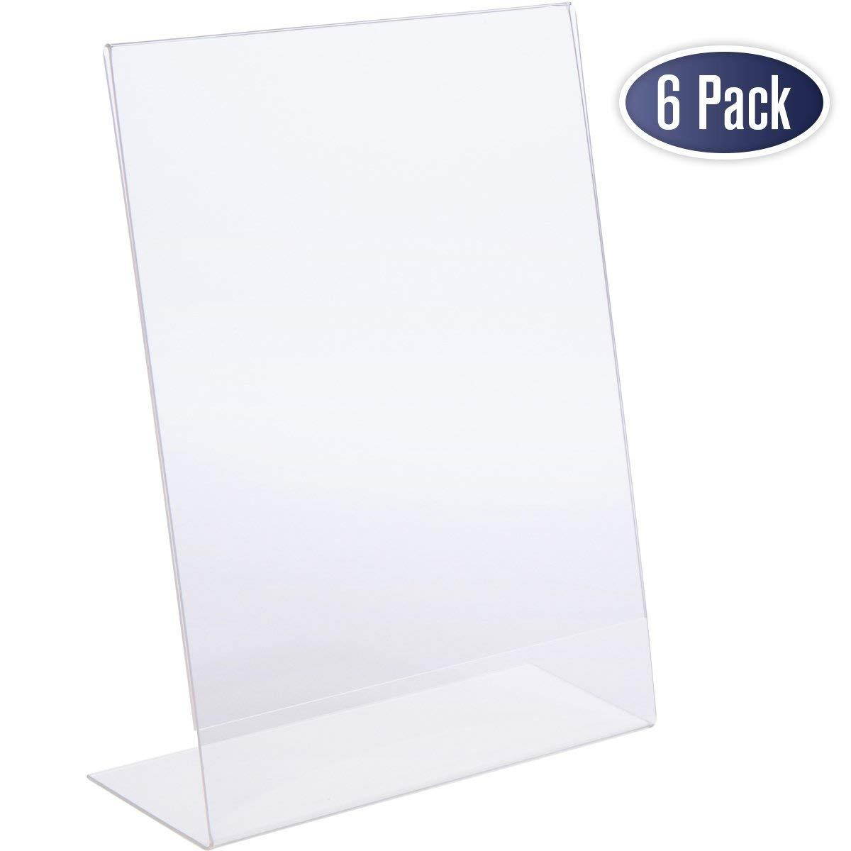 Slant Back Acrylic Sign Holder - 8.5 x 11 Inches Premium Portrait Ad Frames, Table Sign Display Holder, Clear Easel Style Frame, Plastic Brochure Holder for Home, Office, Store, Restaraunt (6 Pack)