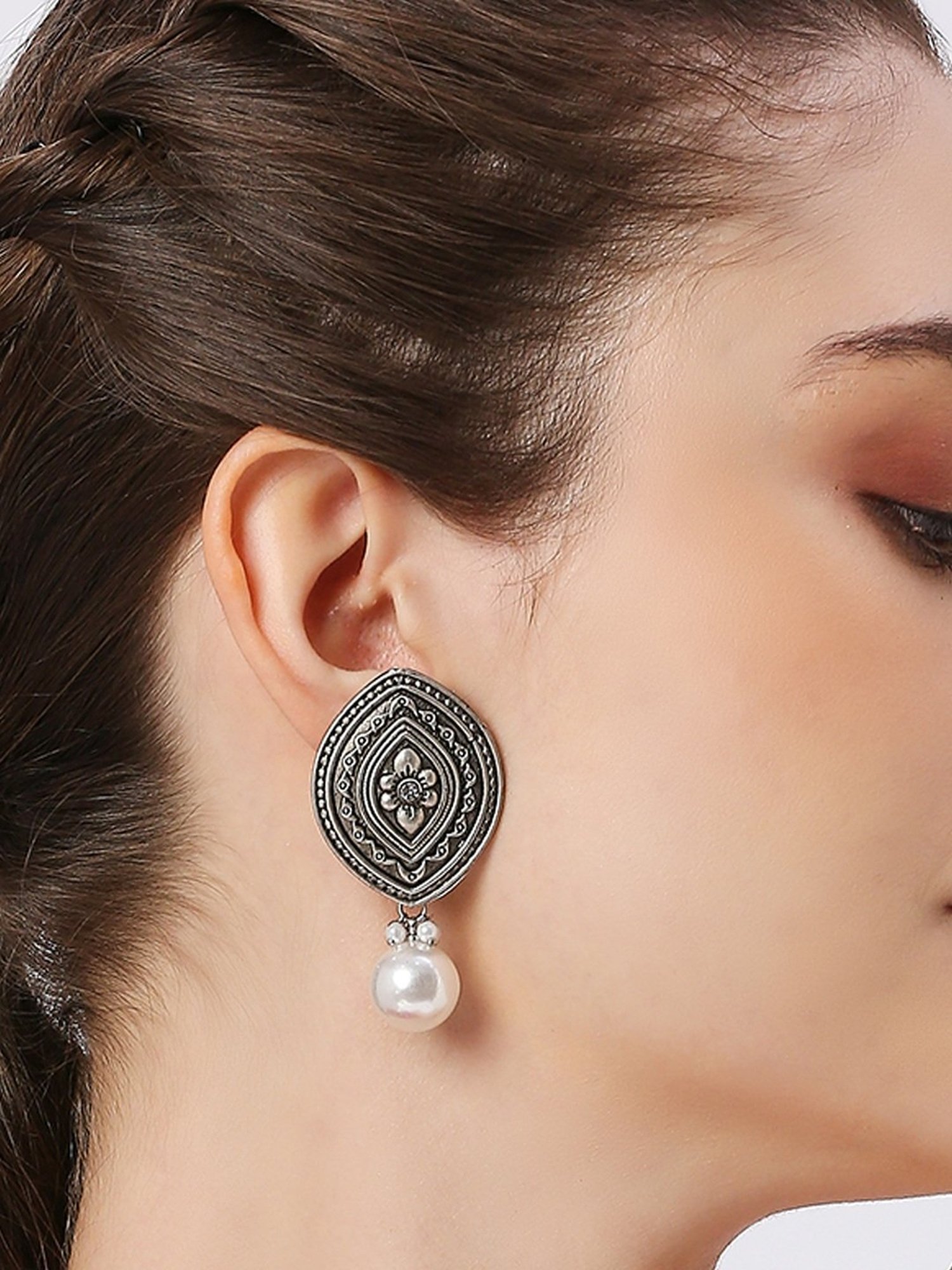 Oomph Jewellery Oxidized Silver Ethnic Silver Look Alike Marquise Shape with Pearl Drop Earrings
