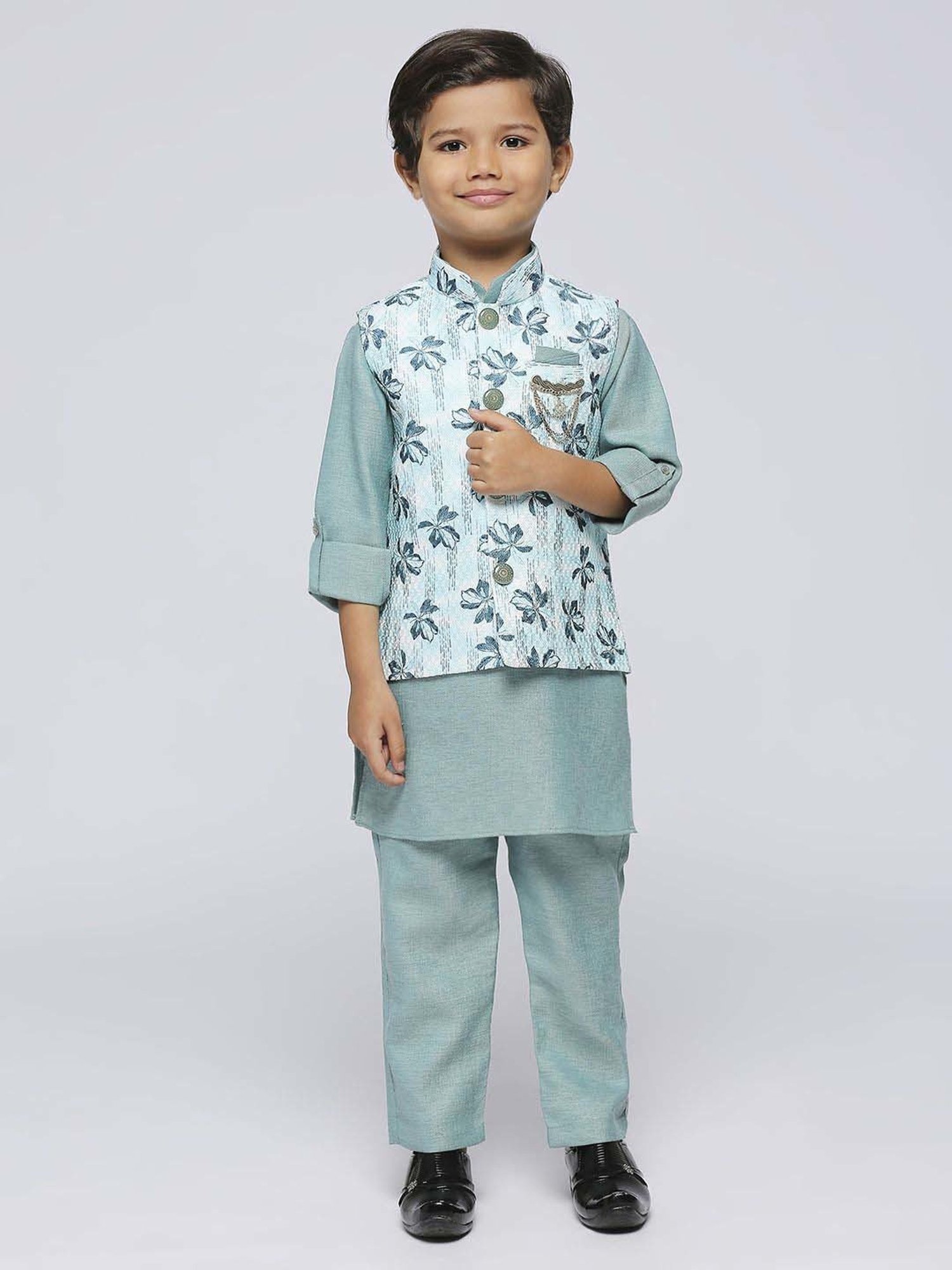 Kids Island Boys Green Jacquard Full Sleeves Kurta Set