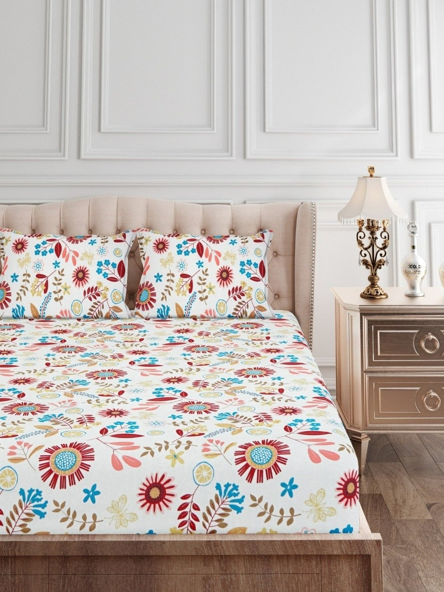 SEJ by Nisha Gupta Floral Maroon 144 TC Cotton Double Bed Sheet with 2 Pillow Covers