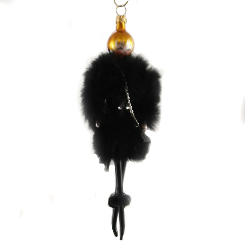Italian Ornaments 6.75" Rose In Faux Black Fur Jacket Ornament Italian Diva Lady  -  Tree Ornaments