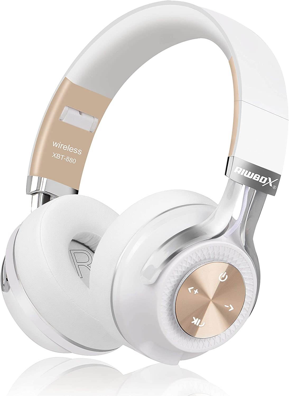 Bluetooth Headphones, Riwbox XBT-880 Wireless Bluetooth Headphones Over Ear with Microphone and Volume Control Wireless and Wired Foldable Headset for iPhone/iPad/PC/Cell Phones/TV (White&Gold)