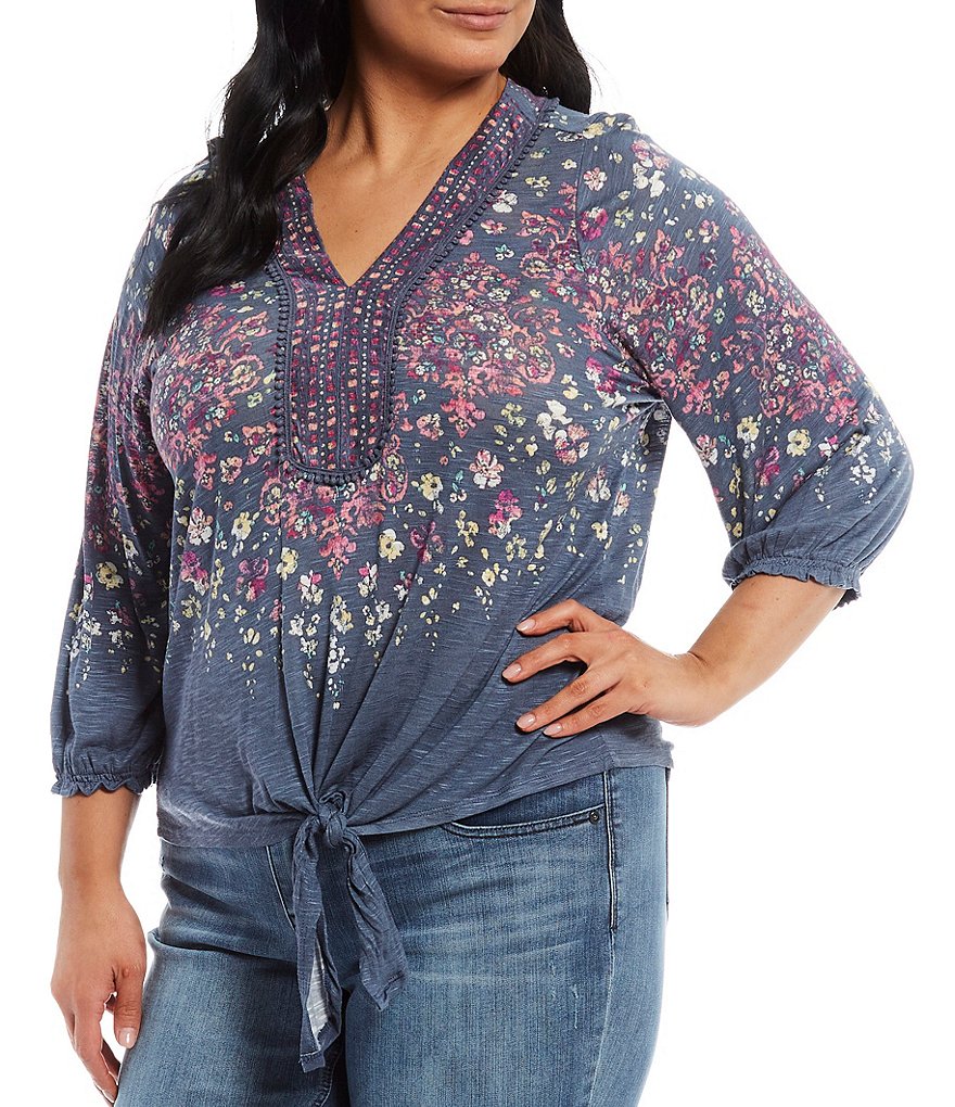 Democracy Plus Size Floral Placement Print V-Neck Blouson Long Sleeve Tie-Front Hem Top