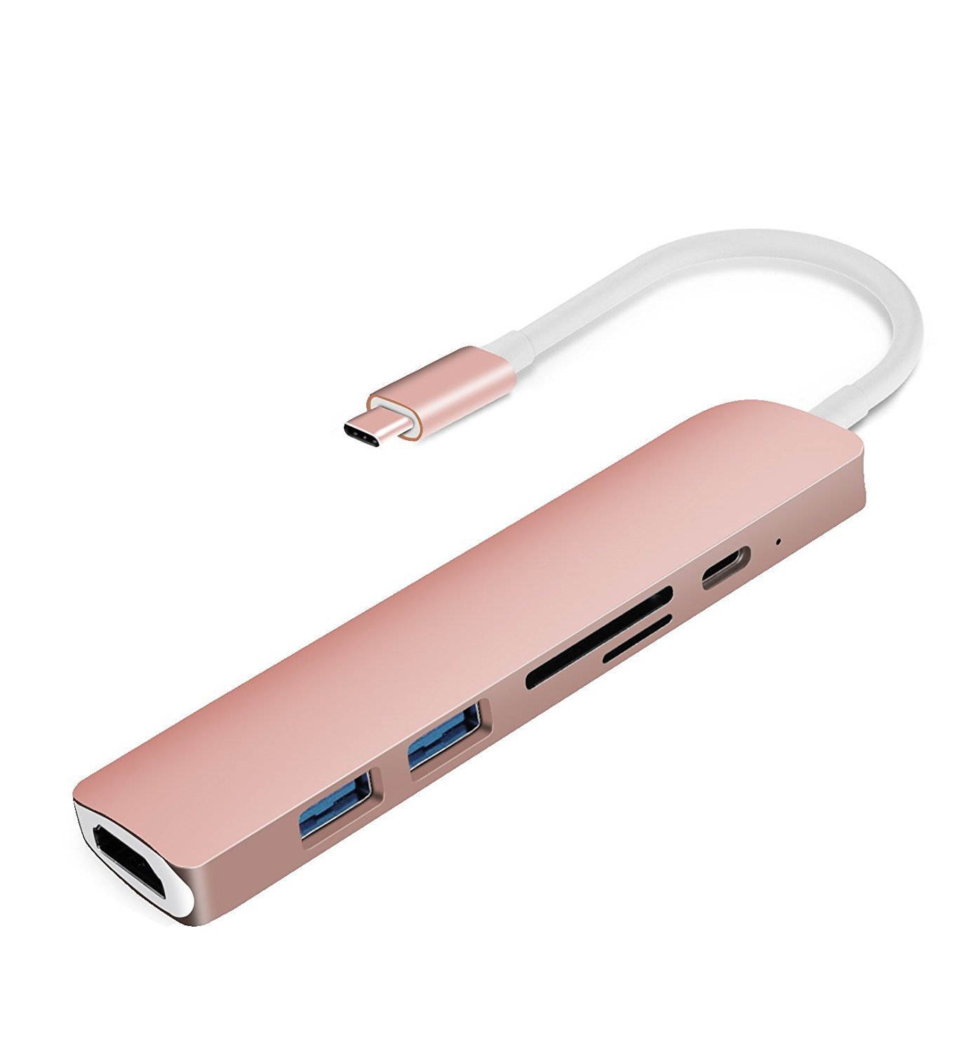 USB C Hub, Multiport Type-C Adapter Dongle with 56W Charging port, 4K HDMI, Card Reader, 2 USB 3.0 Ports for Macbook Pro, Chromebook, HP Spectre, DELL XPS, Acer Aspire and more- Rose Gold