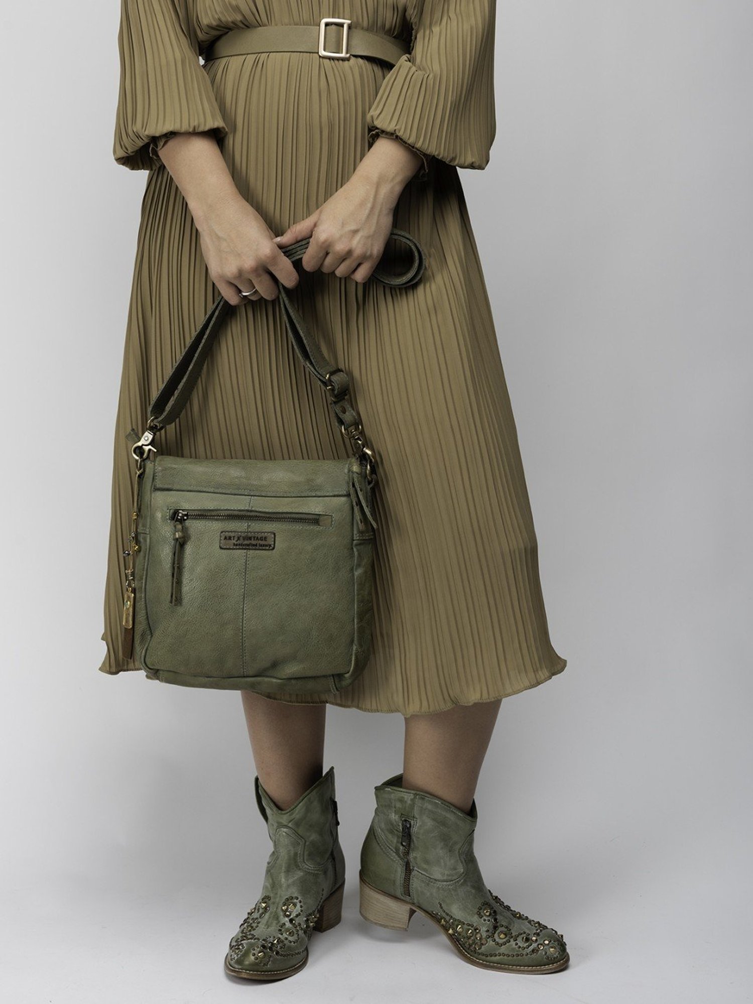 Art N Vintage Carob Olive Leather Textured Small Sling Handbag