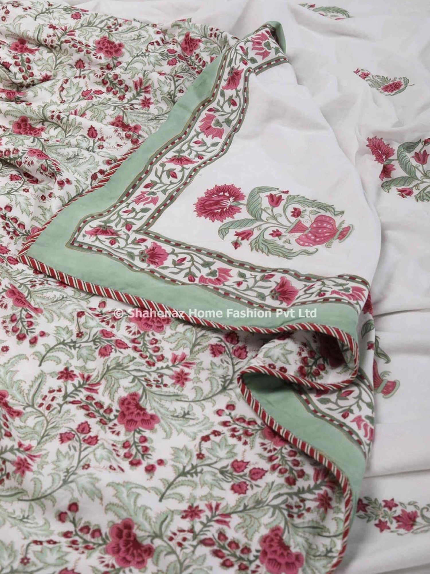 Shahenaz Guldasta E Shaheena Floral Pink & Green Cotton Double Reversible Dohar