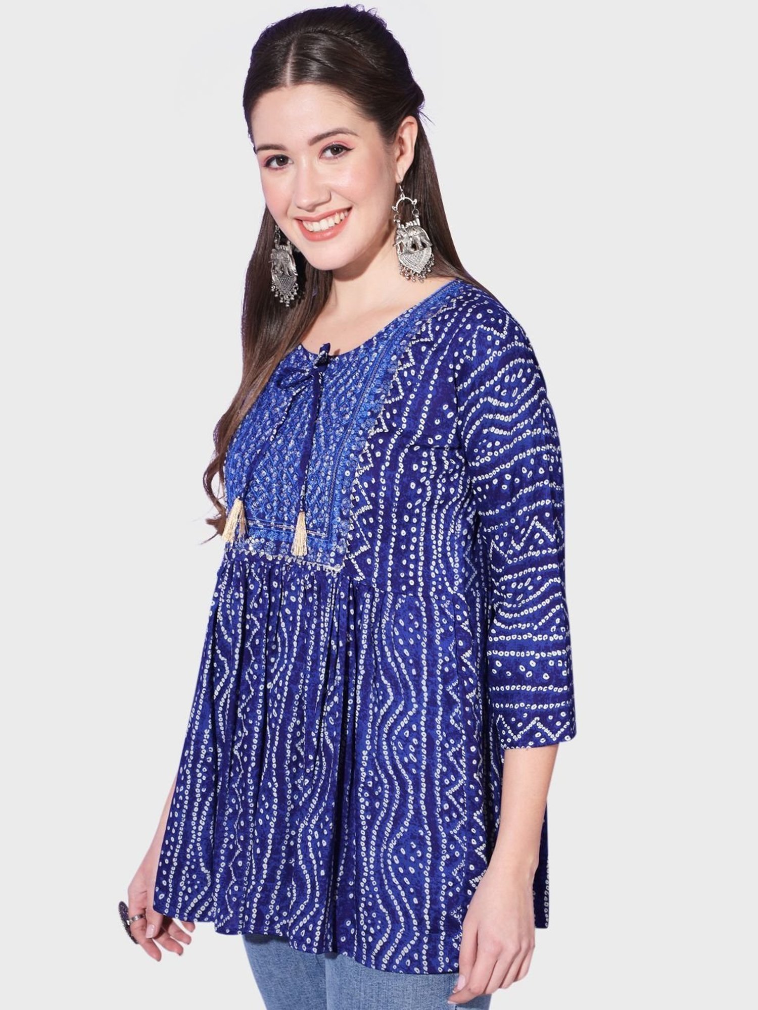 BUYNEWTREND Blue Cotton Printed A Line Short Kurti