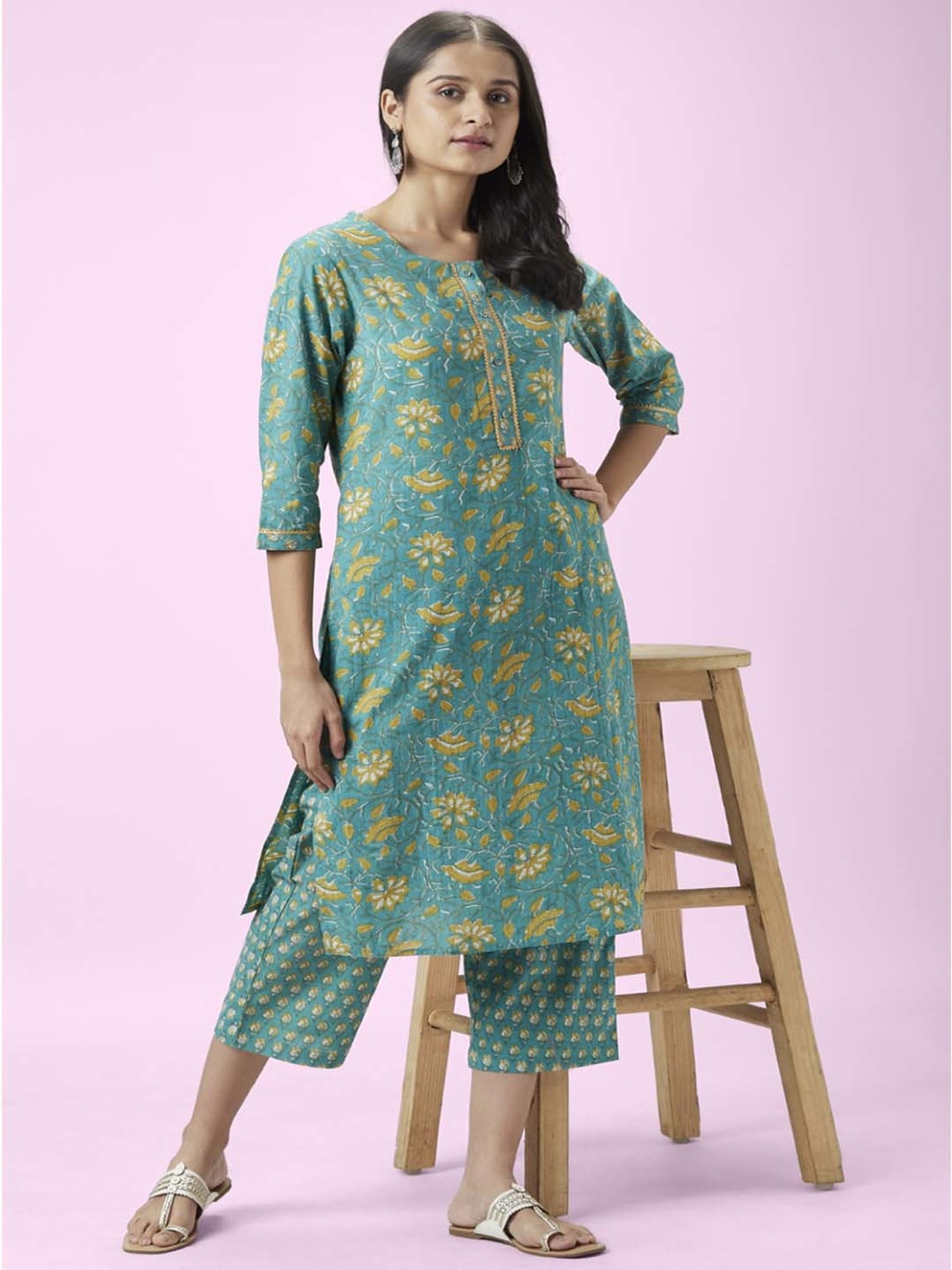 Rangmanch by Pantaloons Turquoise Cotton Floral Print Kurta Palazzo Set