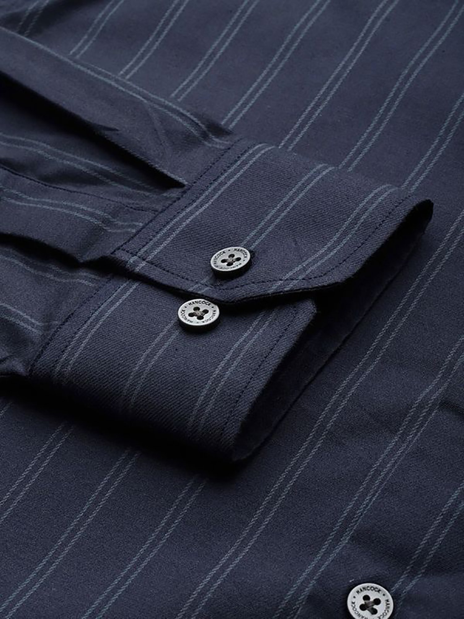 Hancock Navy Cotton Slim Fit Stripes Shirts
