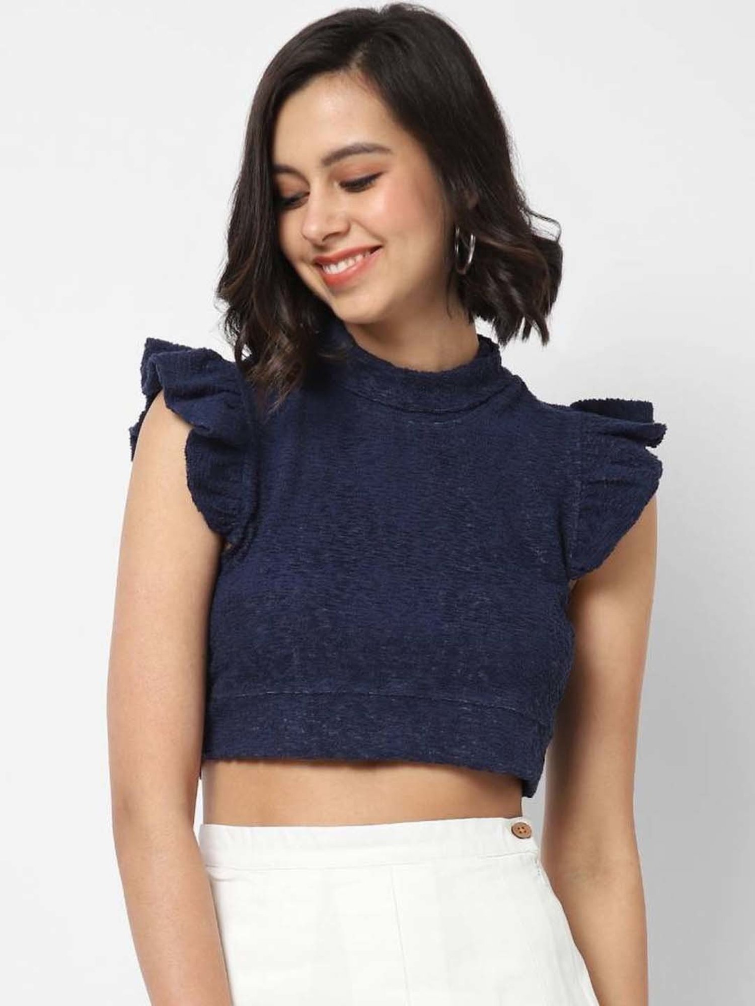 VASTRADO Navy Cap Sleeves Crop Top