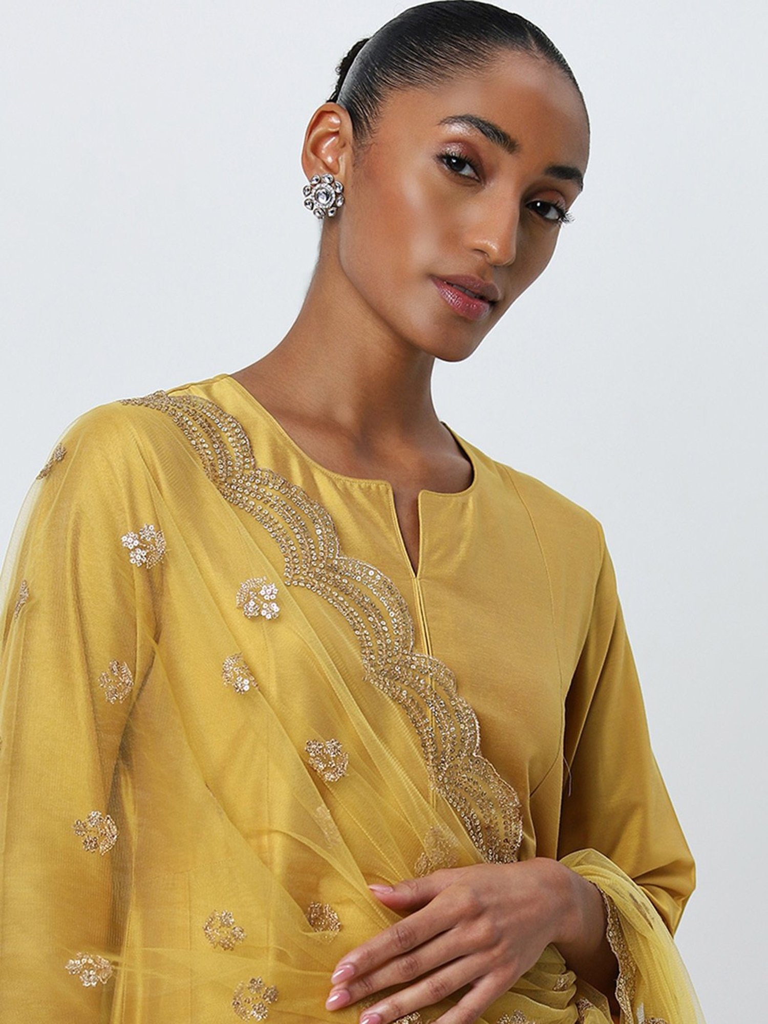 Vark by Westside Yellow Solid A-Line Kurta, Palazzos and Dupatta Set