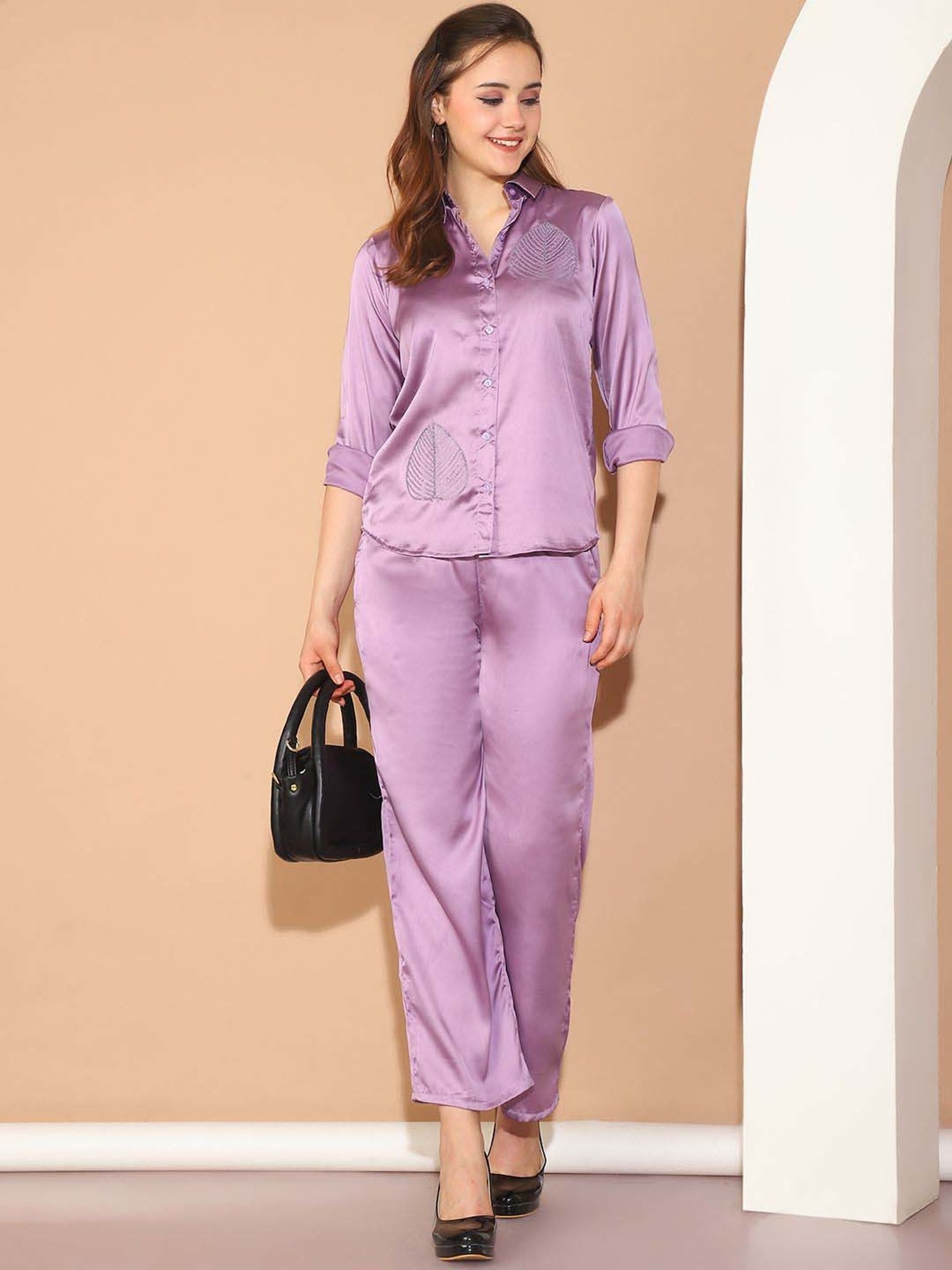 Indian Needle Purple Embellished Shirt Pants Set
