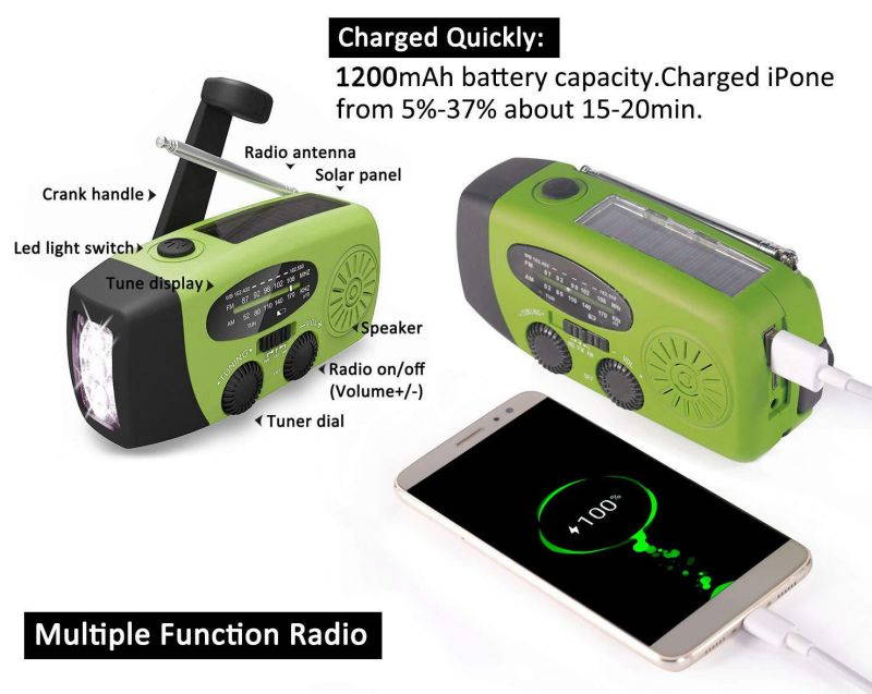 Hurricane Radio Weather Station,Waterproof,Emergency Radio with Hand Crank, Solar Powered,1200mAh FM/AM/NOAA, Cellphone Charger,Potable,Flashlight,Survival kit,Green,Greeous