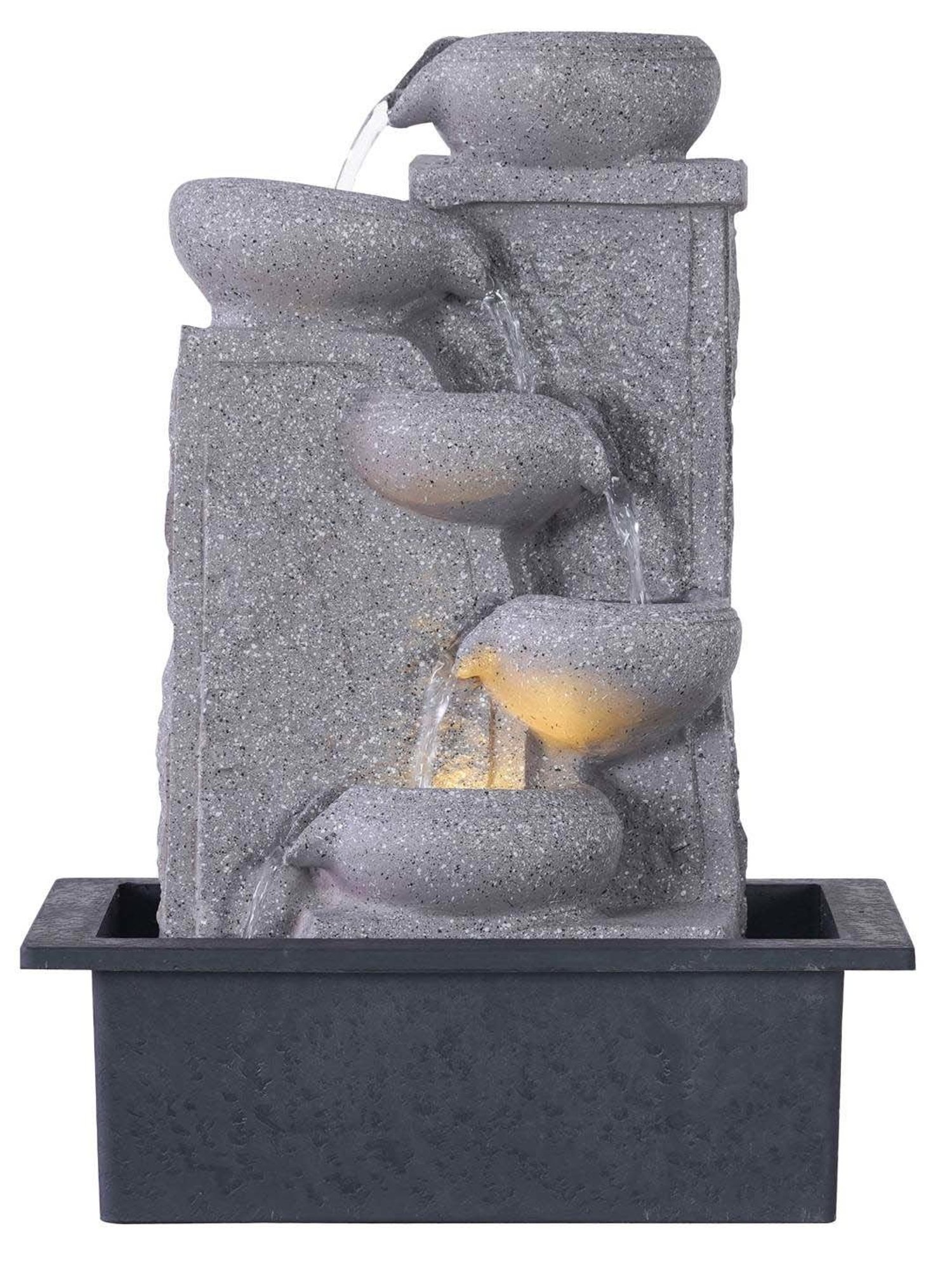 CHRONIKLE Grey Polyresin Table Top 5 Diya Steps Waterfall Fountain