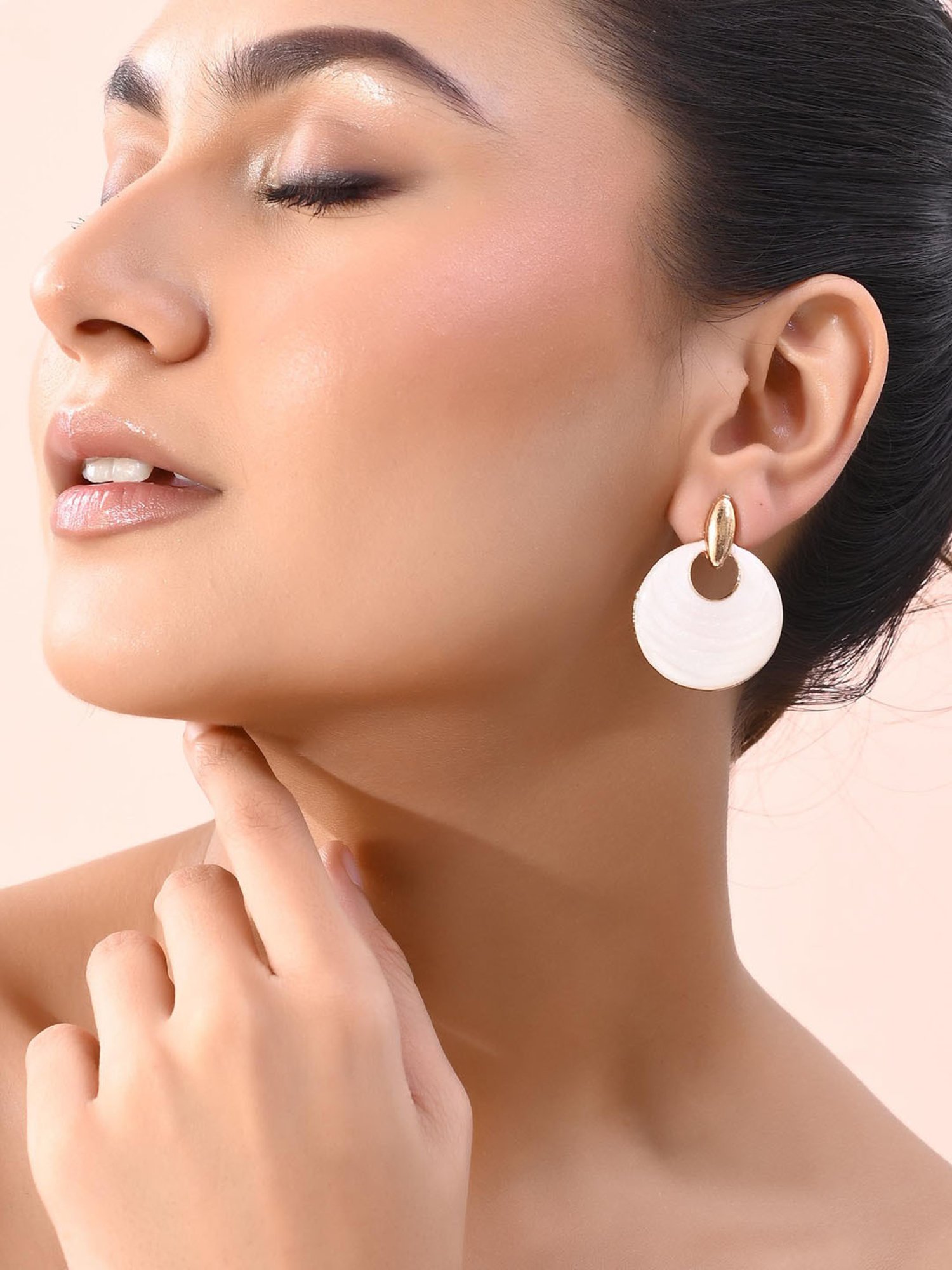 VOJ Gold-Plated Korean Style White Circular Studs Earrings for Women