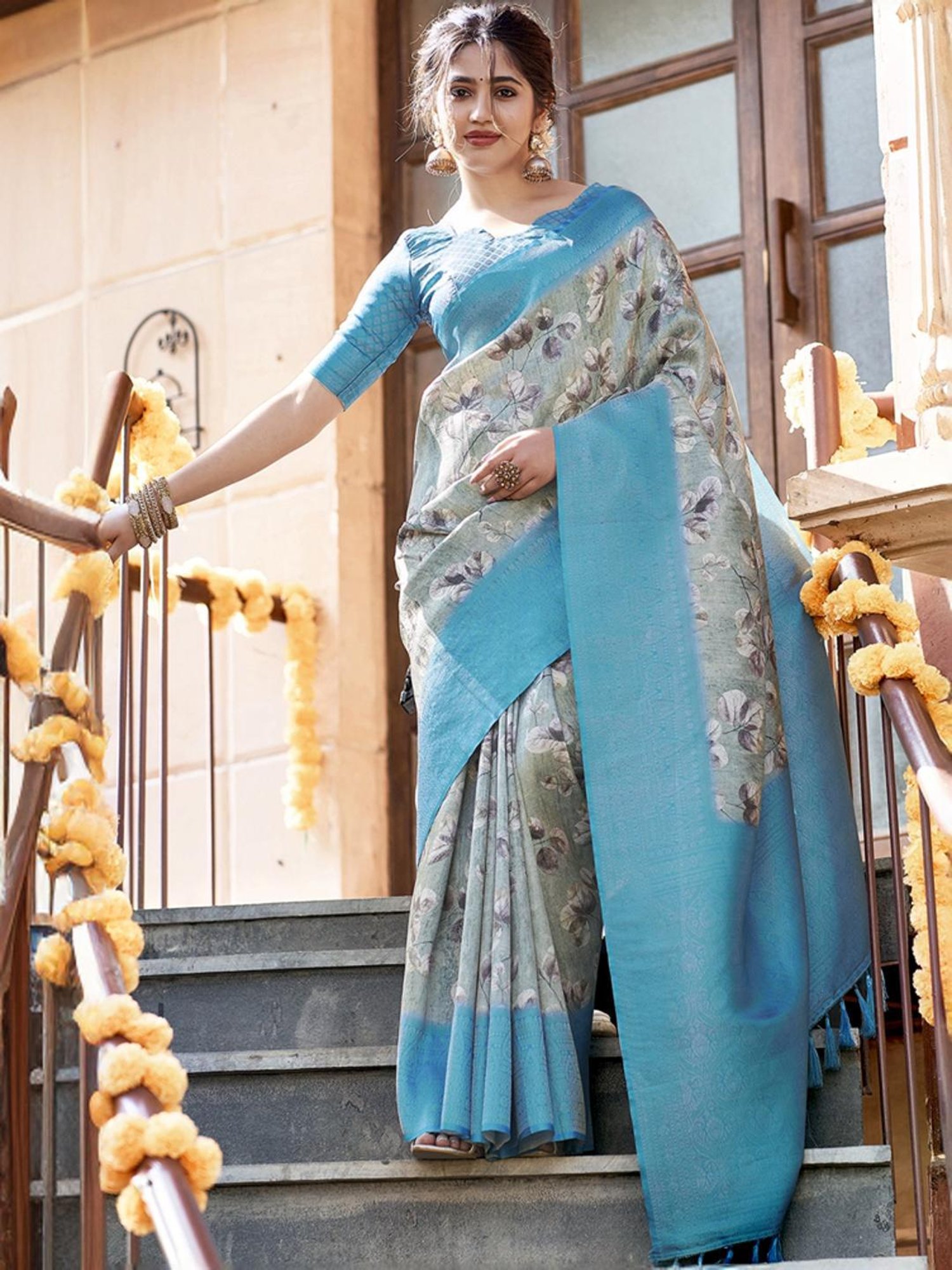 Satrani Blue Woven Saree With Unstitched Blouse