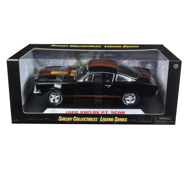 1966 Ford Mustang Shelby GT 350 "Hertz" Black with Gold Stripes and Racing Wheels 1/18 Diecast Model Car by Shelby Collectibles