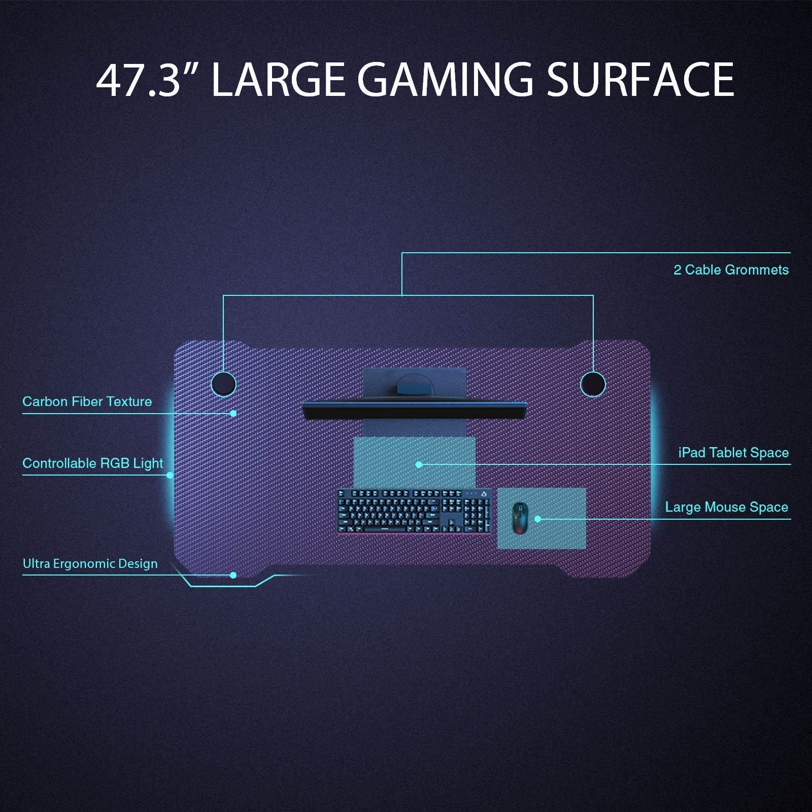 ESGAMING 1.3mm thickness Steel 47.3 Inch Gaming Desk with RGB Lights Controller with Cup Holder, Headphone Hook and Socket Rack