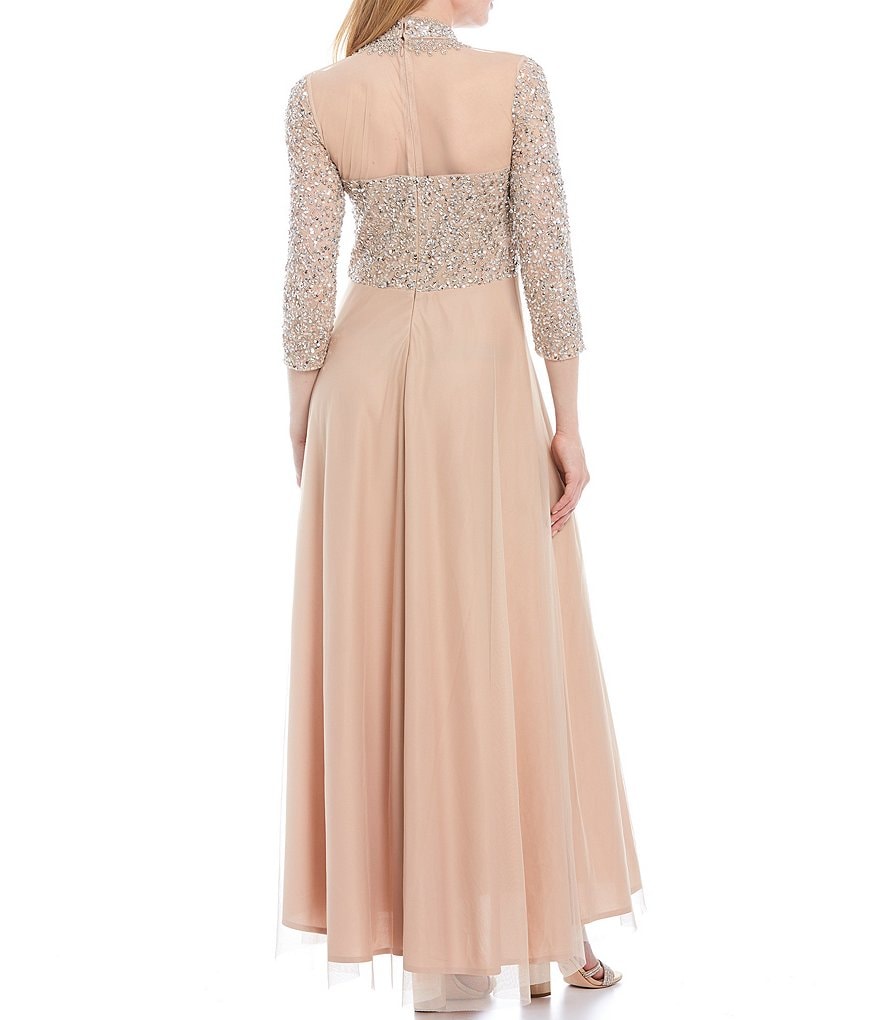 Pisarro Nights Beaded Illusion Mock Neck 3/4 Sleeve Gown