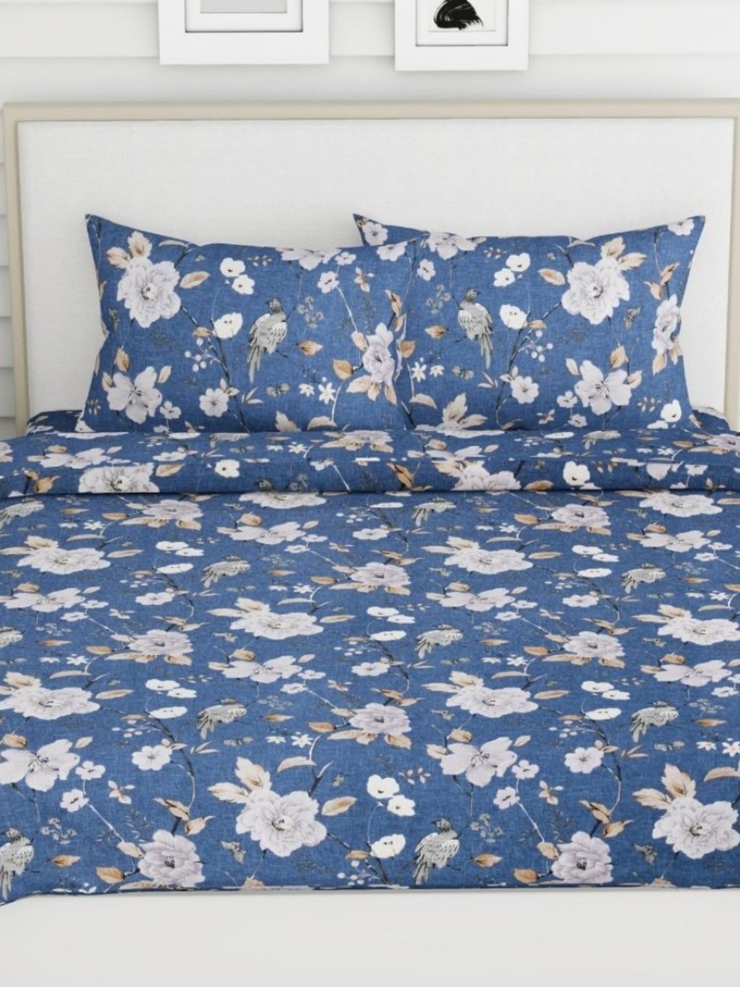 Haus & Kinder Spanish Floral Patio Navy Blue 186 TC Cotton King Bed Sheet with 2 Pillow Covers
