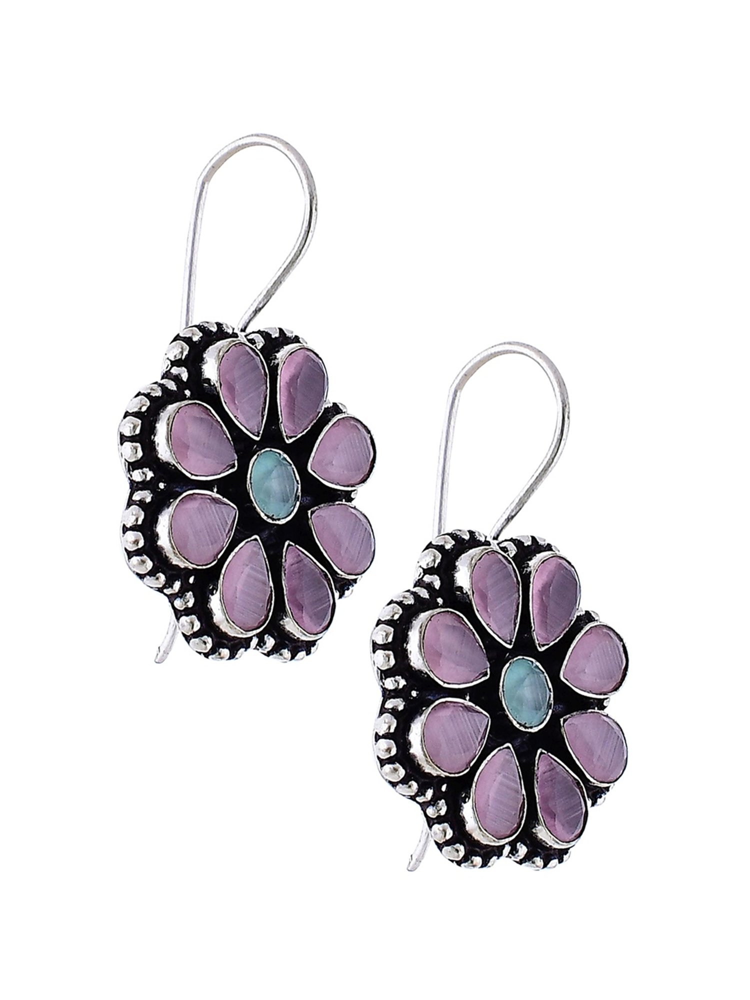 Imli Street Pink-Green Silver Tone Stone-Studded Handcrafted Drop Earrings
