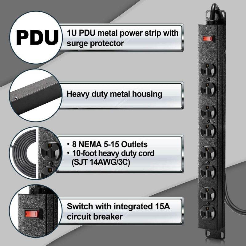 BESTTEN 1U Rack Mount PDU Power Strip, 8-Outlet Metal Surge Protector with 10-Foot Cord and Circuit Breaker, 15A/125V, UL Listed, Black