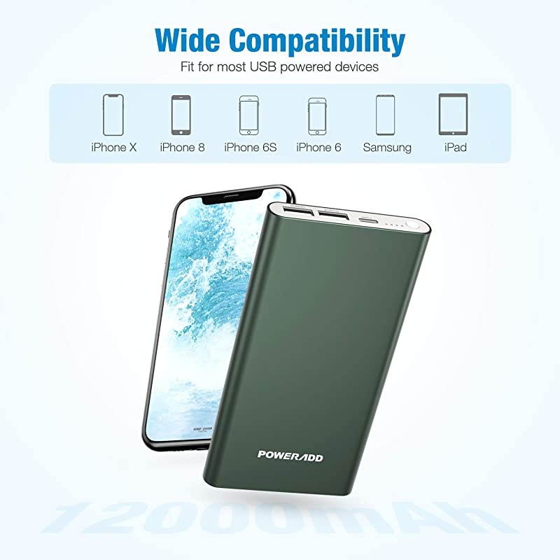 Pilot 4GS 12000mAh Portable Charger 8-Pin Input External Battery Pack with 3A High-Speed Output Compatible with iPhone, iPad, iPod, Samsung - Midnight Green (8 Pin Cable Include)
