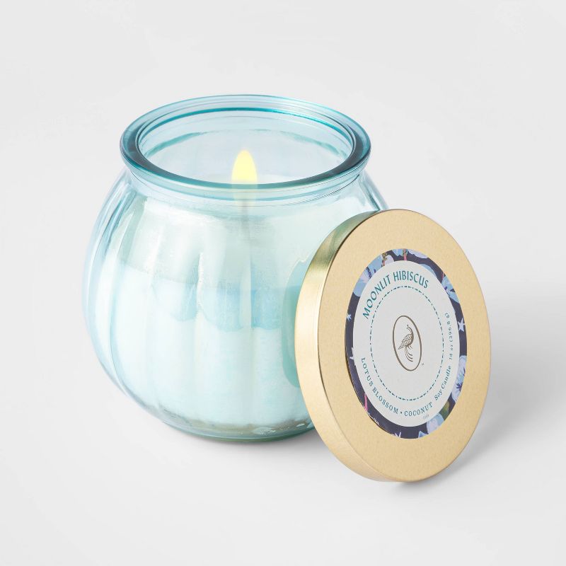 14oz Lidded Blue Depression Glass Jar Mandarin Hibiscus Candle - Opalhouse™