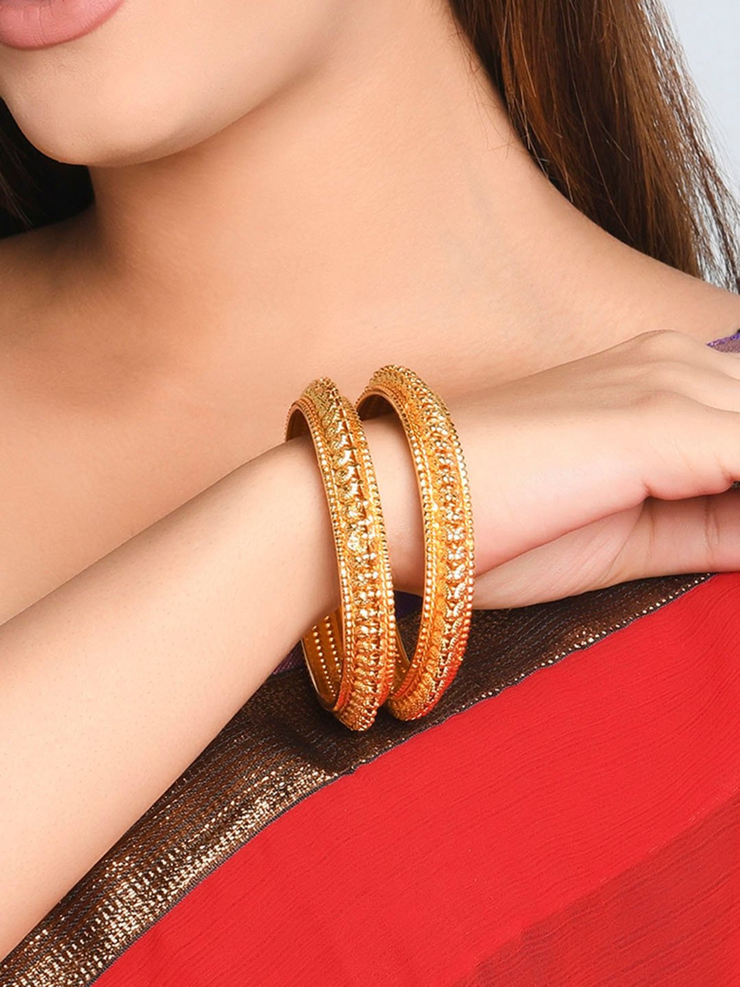 Fida Ethnic Traditional Gold Pkated Embossed Bangle Set for Women - Set of 2