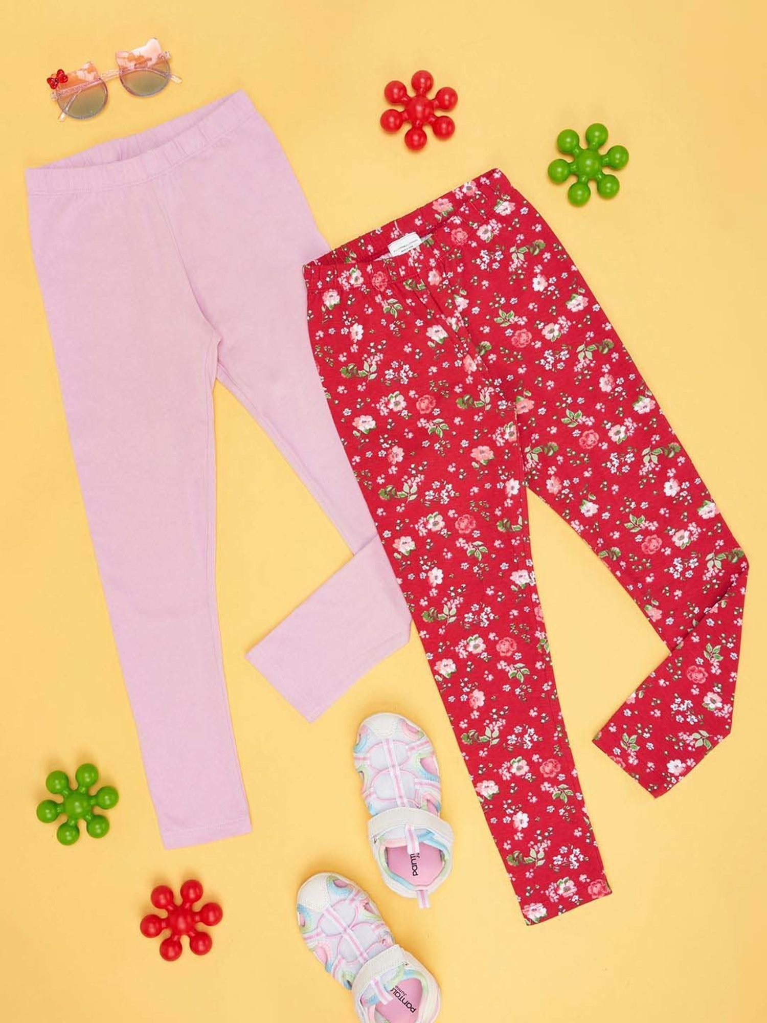 YU by Pantaloons Girls Red & Lilac Cotton Floral Print Leggings (Pack of 2)
