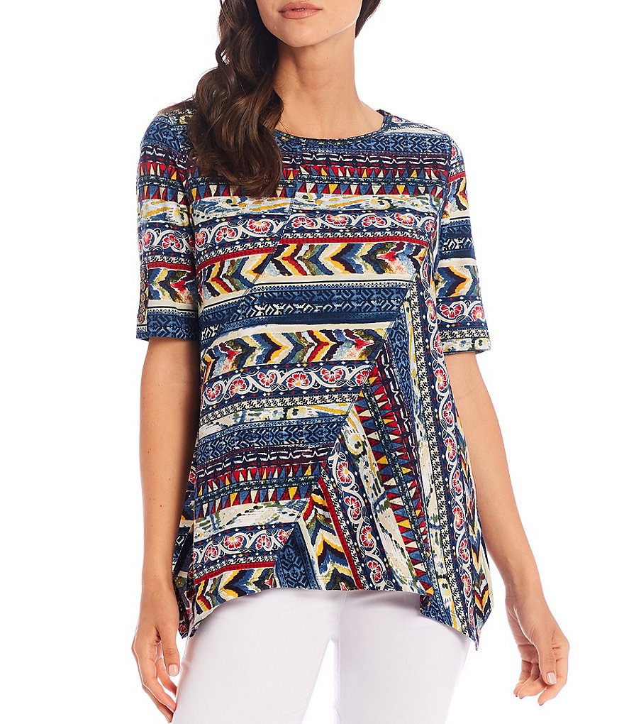 Multiples Multi Print Knit Button Detail Elbow Sleeve Sharkbite Hem Top