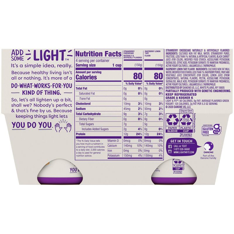 Light & Fit Dual Flavor Strawberry Cheesecake & Raspberry Lemon Tart Greek Yogurt - 4pk/5.3oz Cups