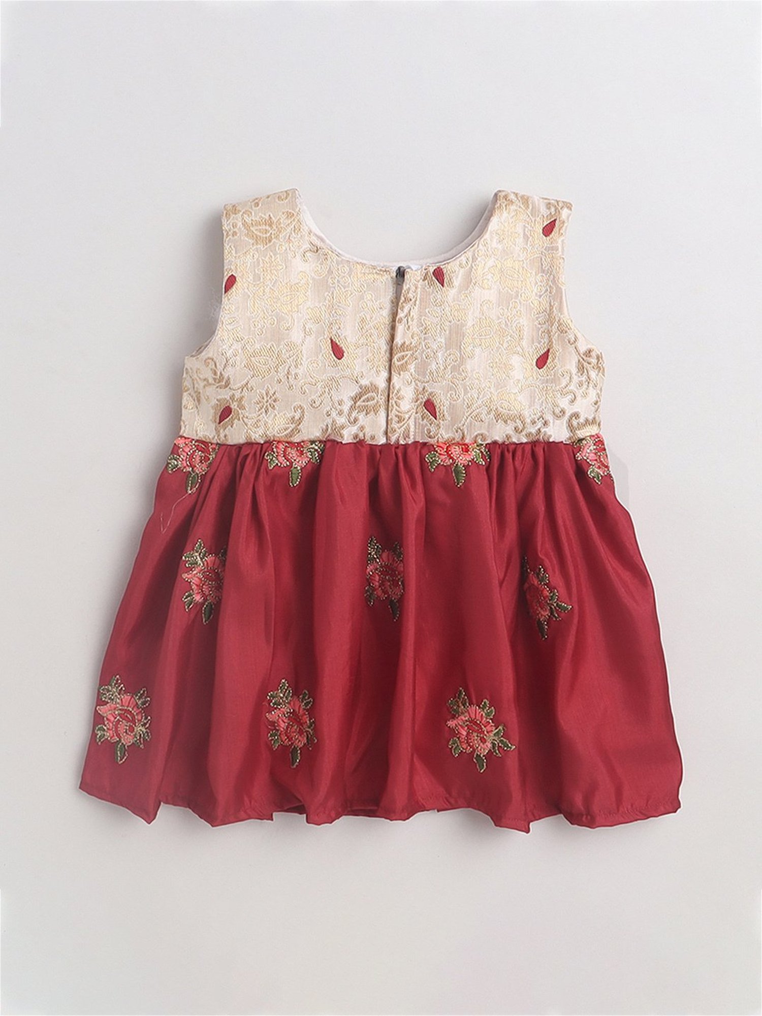 Many Frocks Kids Gold & Maroon Embroidered Dress