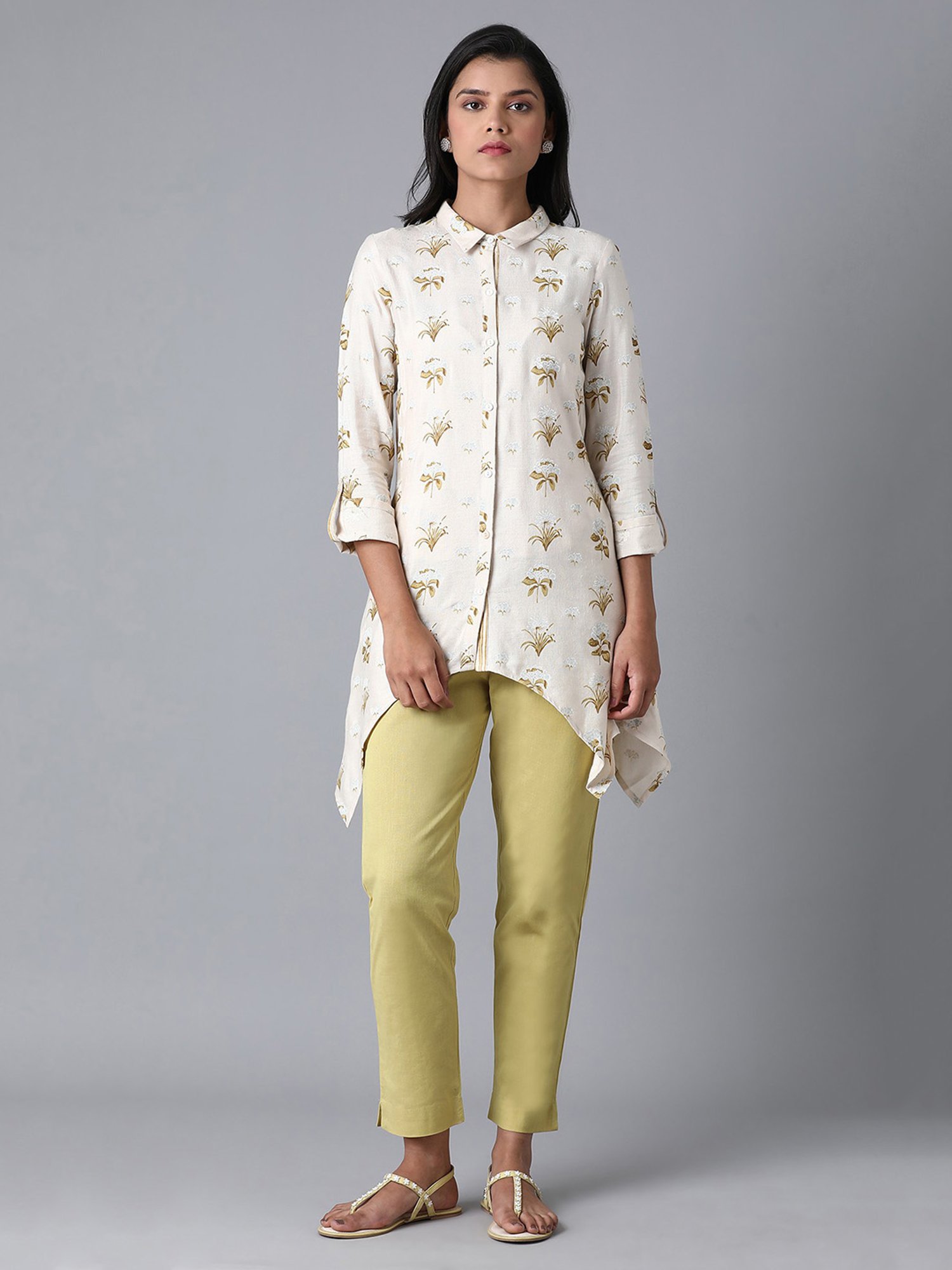 W Beige Shirt Collar Top