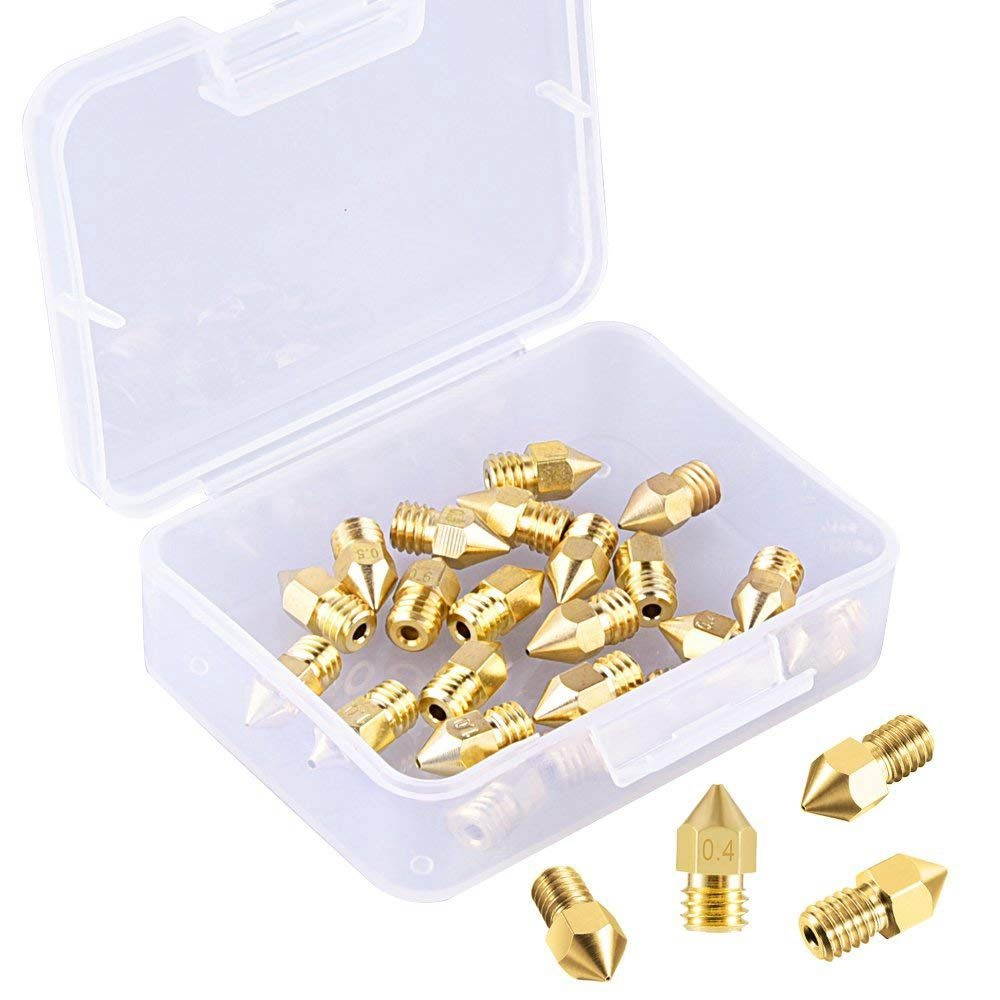 22 Pieces 3D Printer Nozzles MK8 Nozzle 0.2mm, 0.3mm, 0.4mm, 0.5mm, 0.6mm, 0.8mm, 1.0mm Extruder Print Head with Free Storage