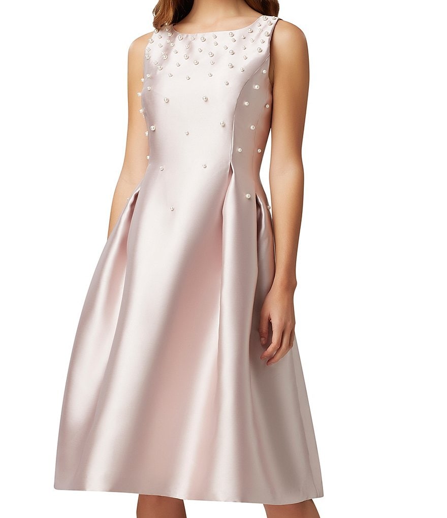 Tahari ASL Jewel Neck Embellished Pearl Tea Length Sleeveless Fit & Flare Dress