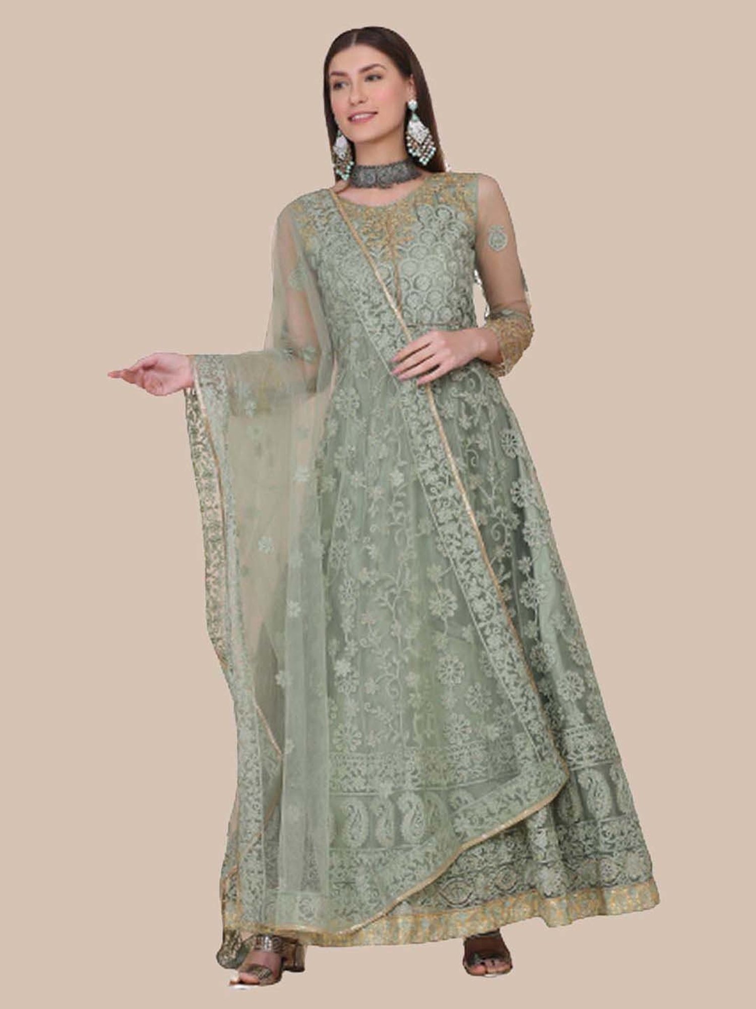 Warthy Ent Green Embroidered Semi Stitched Dress Material