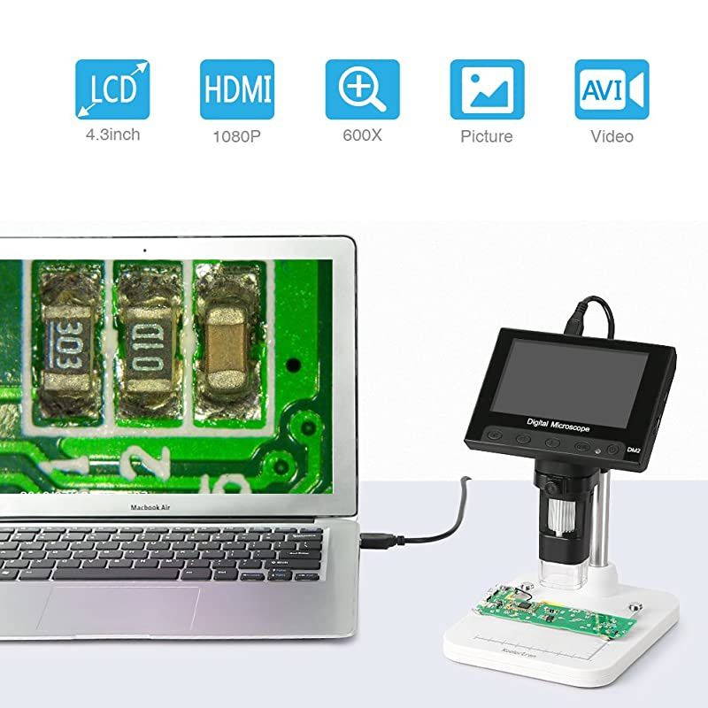 4.3 inch Full Color LCD Digital USB Microscope with 10X-600X Magnification Zoom,8 LED Adjustable Light,Rechargeable Lithium Battery,Micro-SD Storage,Camera Video Recorder