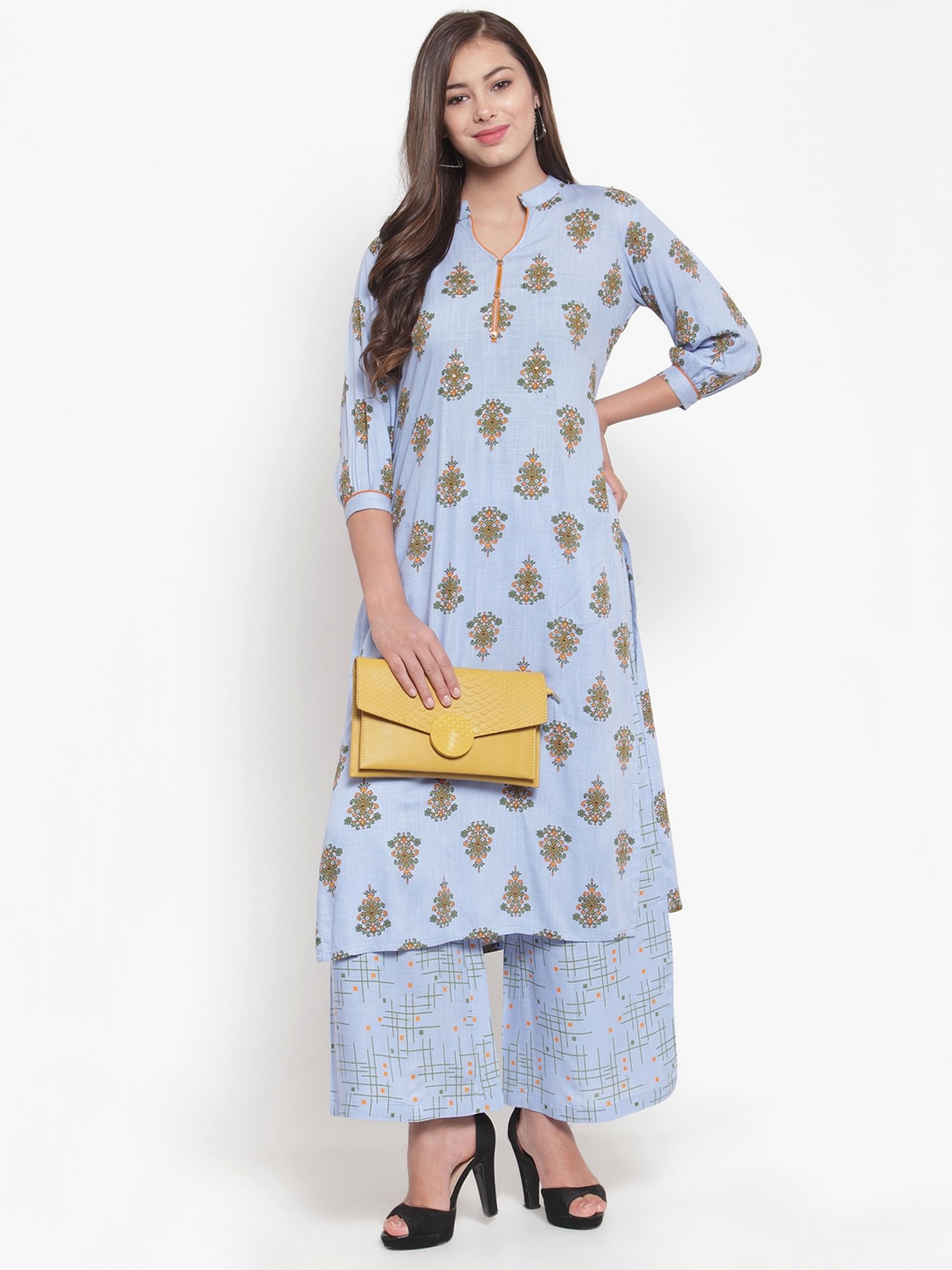 Indibelle Blue Cotton Floral Print Straight Kurta