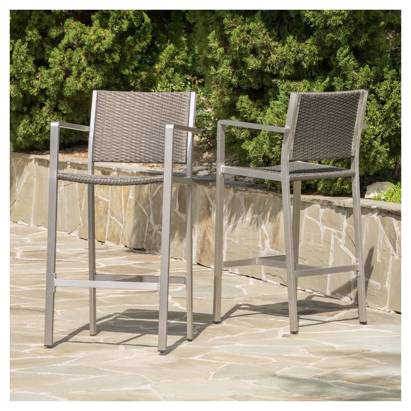 Cape Coral Set of 2 Aluminum and Wicker Barstools - Gray - Christopher Knight Home