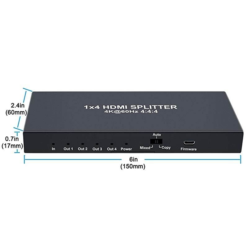 1x4 HDMI Splitter 4K 60hz 4:4:4 HDR 18Gbps HDCP 2.2 EDID 3D 1 in 4 Out HDMI 2.0 High Speed UHD Video Box for Duplicate Multiple Monitor Sharing Computer Screen