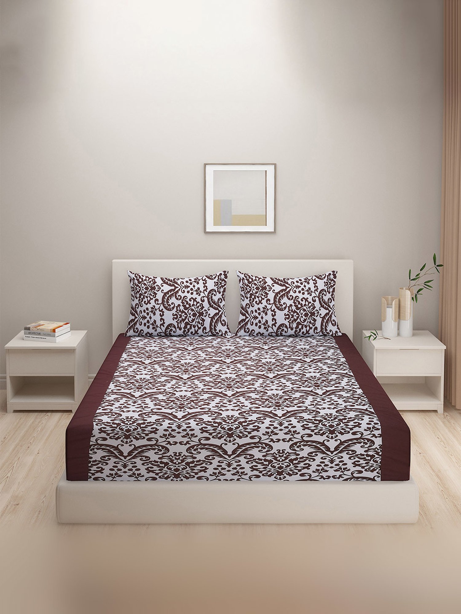 Swayam Brown & White Cotton 200 TC, 1 Double Bedsheet With 2 Pillow Cover