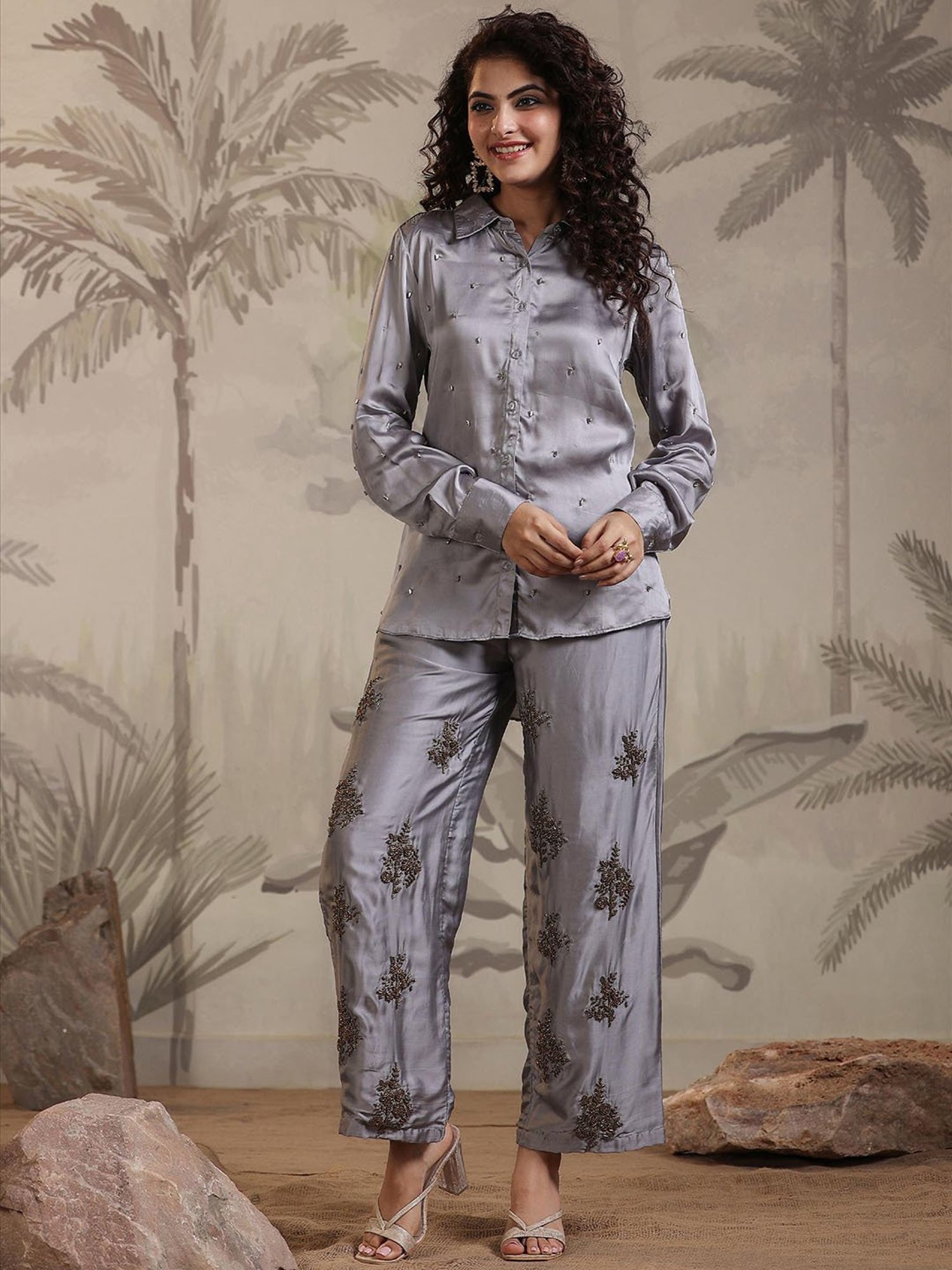 SCAKHI Grey Embellished Shirt & Pant Set