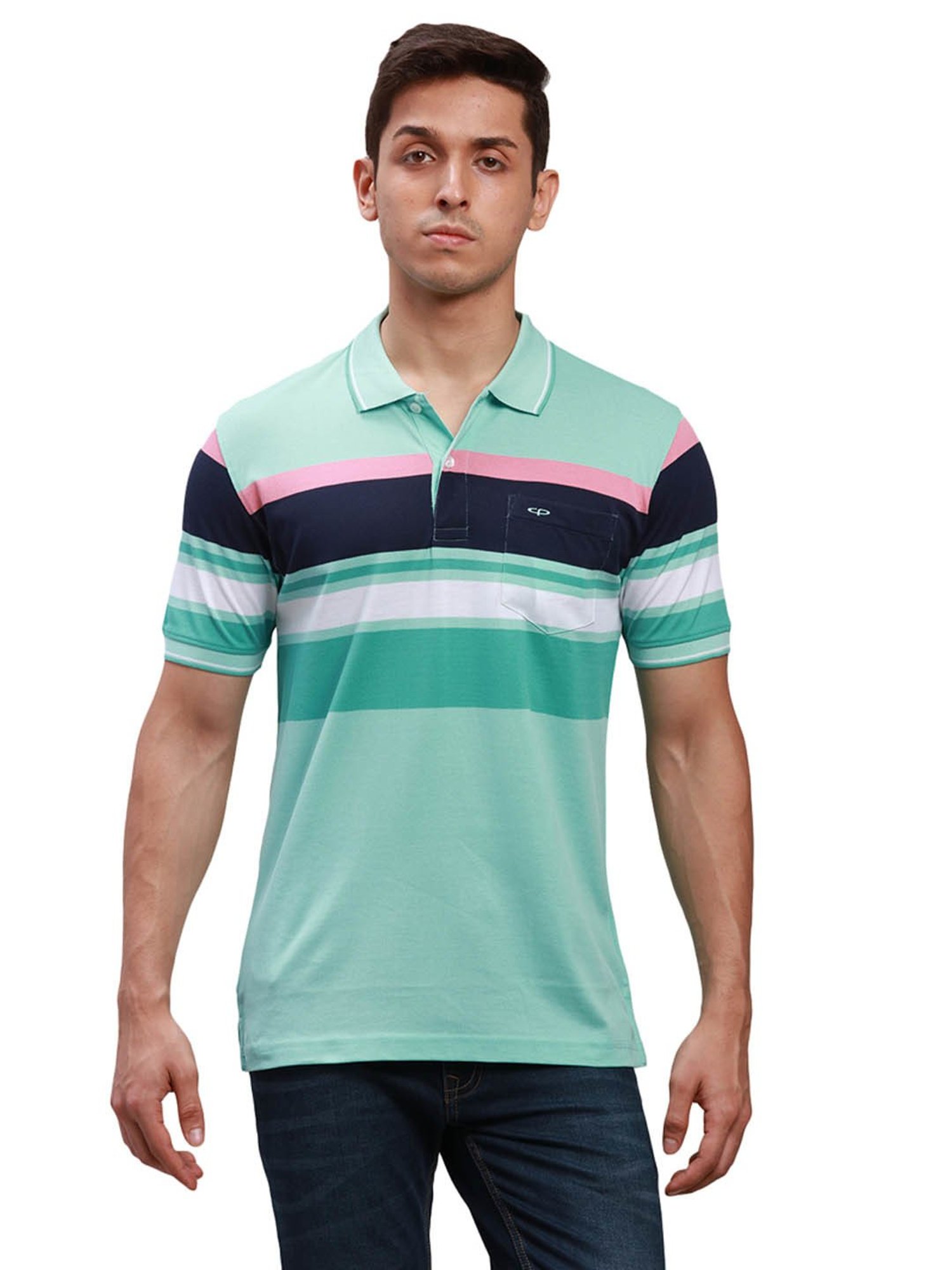ColorPlus Blue Cotton Tailored Fit Striped Polo T-Shirt