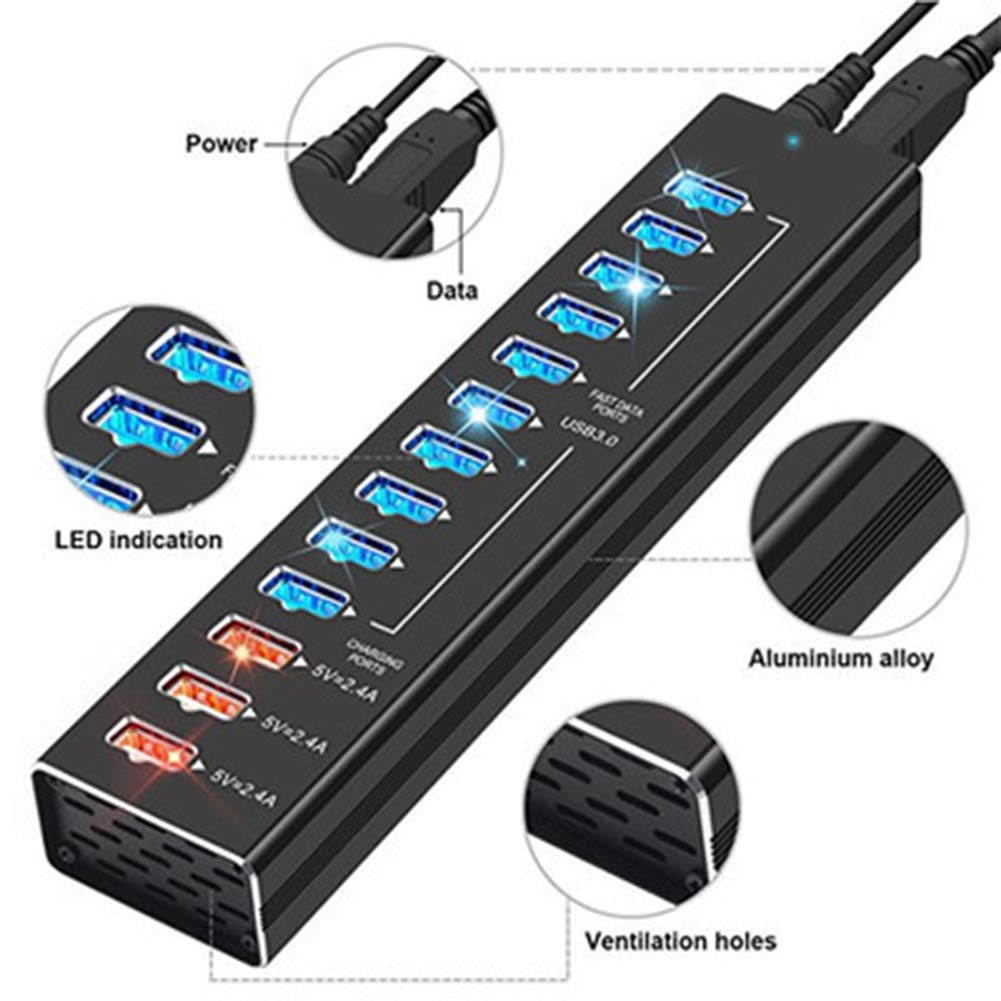 STANSTAR USB Hub, All Aluminum Alloy 13 Port Hub with 3 Port Smart Fast Charge Super High Speed USB3.0 Interface Plug and Play