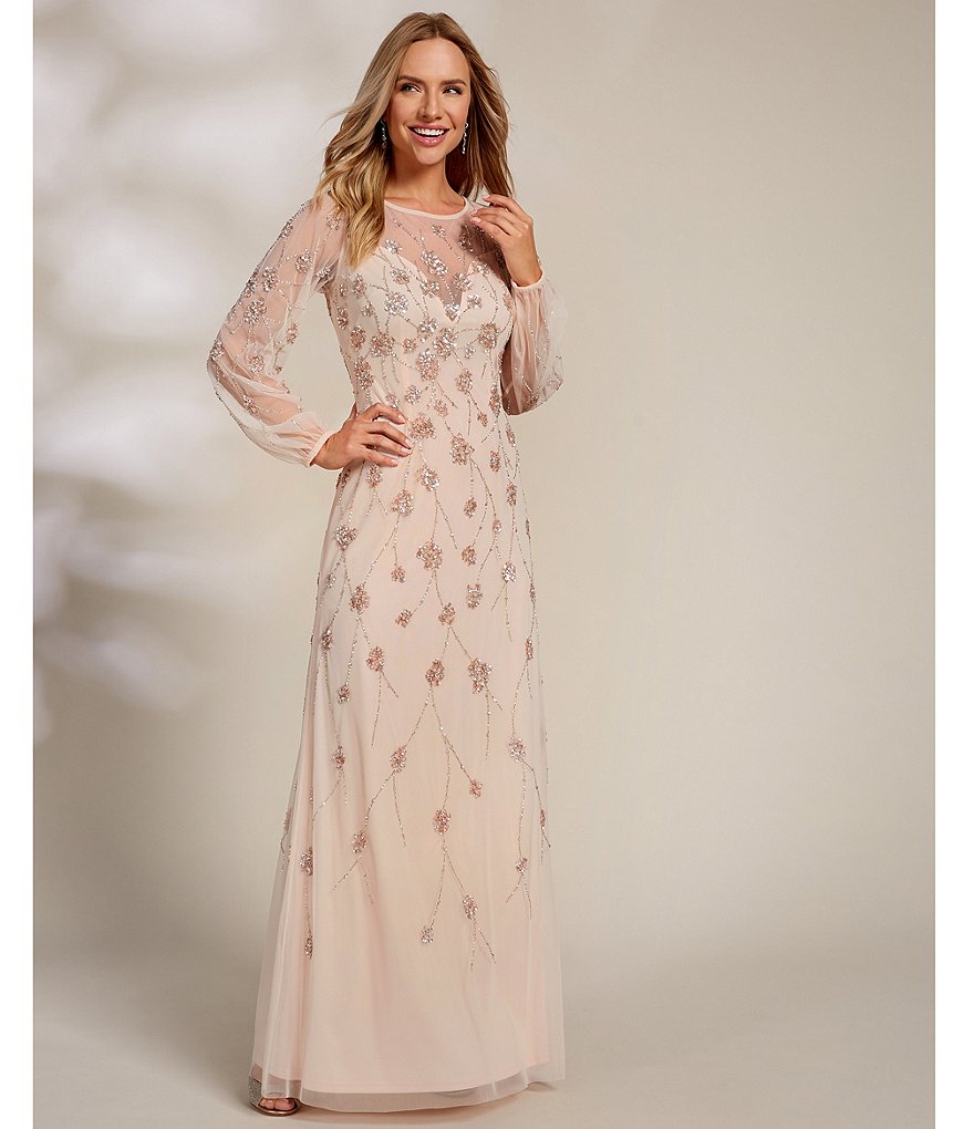Adrianna Papell Beaded A-Line Long Sleeve Boat Neck Gown