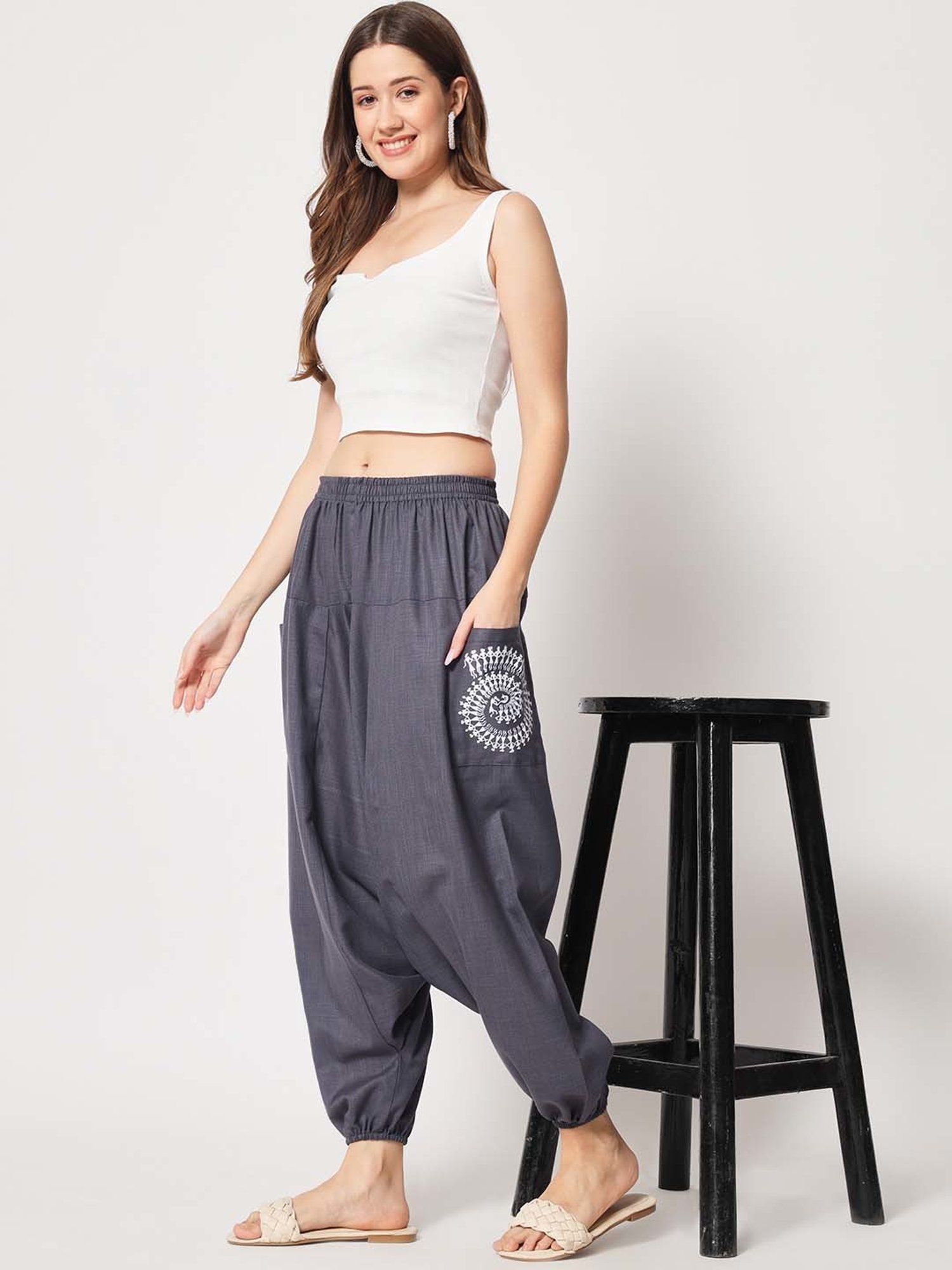 9rasa Grey Cotton Printed Drop-Crotch Pants
