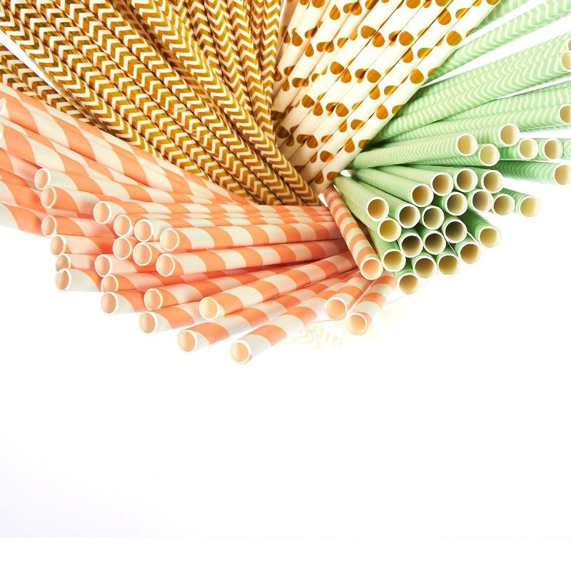 Juvale 160 Pack Paper Straws - Biodegradable Straws Mint Green, Metallic Gold, Polka Dots, Coral Stripes, and Chevron Design Bulk Drinking Straws